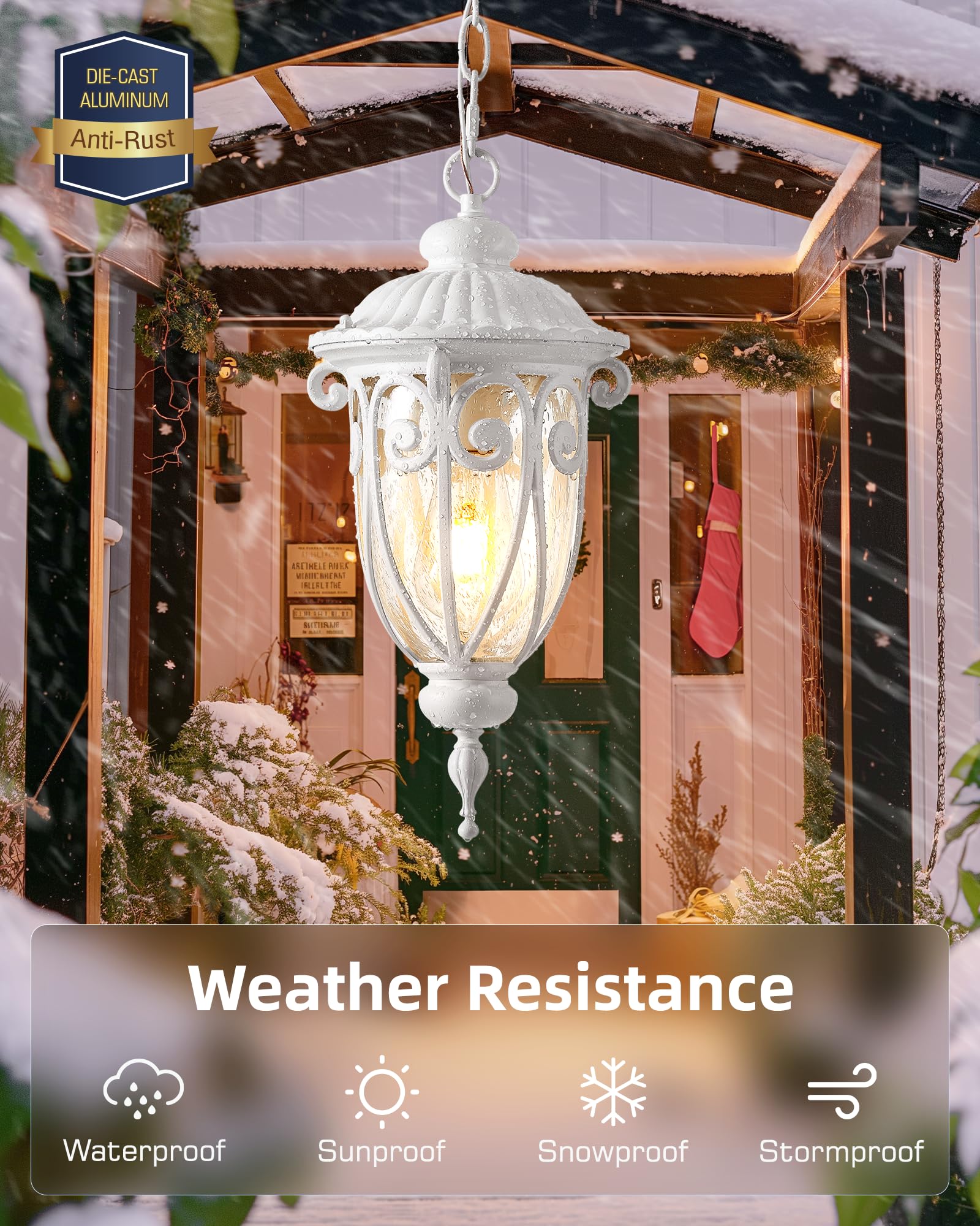 VIANIS Outdoor Pendant Light Lantern - White Modern Chandelier, Handcrafted with Seed Glass, Medium Size for Porch and Garden, Model V83231WH