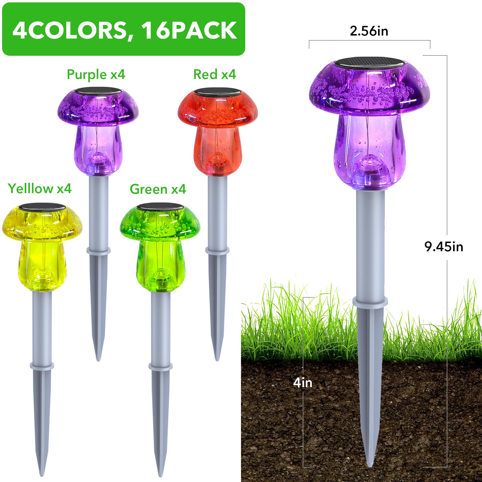 Benany Solar Powered LED Mushroom Lights, 16 Pack, Waterproof, Multicolor, Model MU001, for Garden, Yard, Pathway Decor
