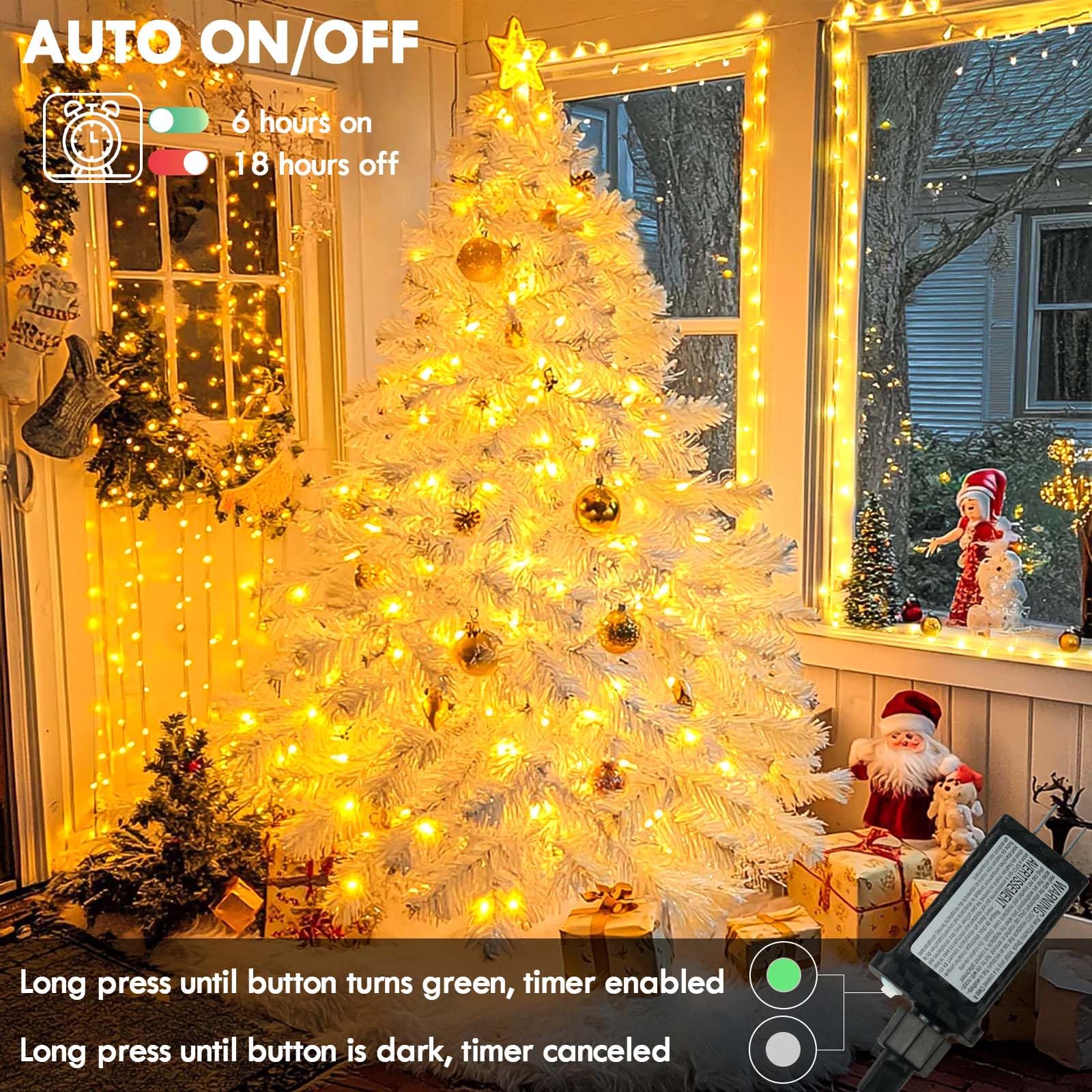 KAQ 180FT 500LED Warm White String Lights, Indoor Outdoor, Clear Wire, Model GP-SW290DC0209, with Timer and Memory for Decorations