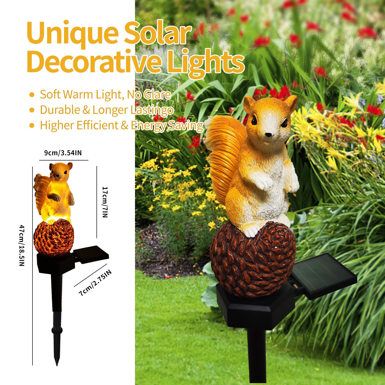 Qh & Garden Solar Outdoor Lights Squirrel Garden Statues Decor,Resin Squirrel Solar Light Birthday Gifts For Mom- Waterproof Cute Animal Figurine Lights For Balcony, Yard, Lawn, Pathway, Walkway