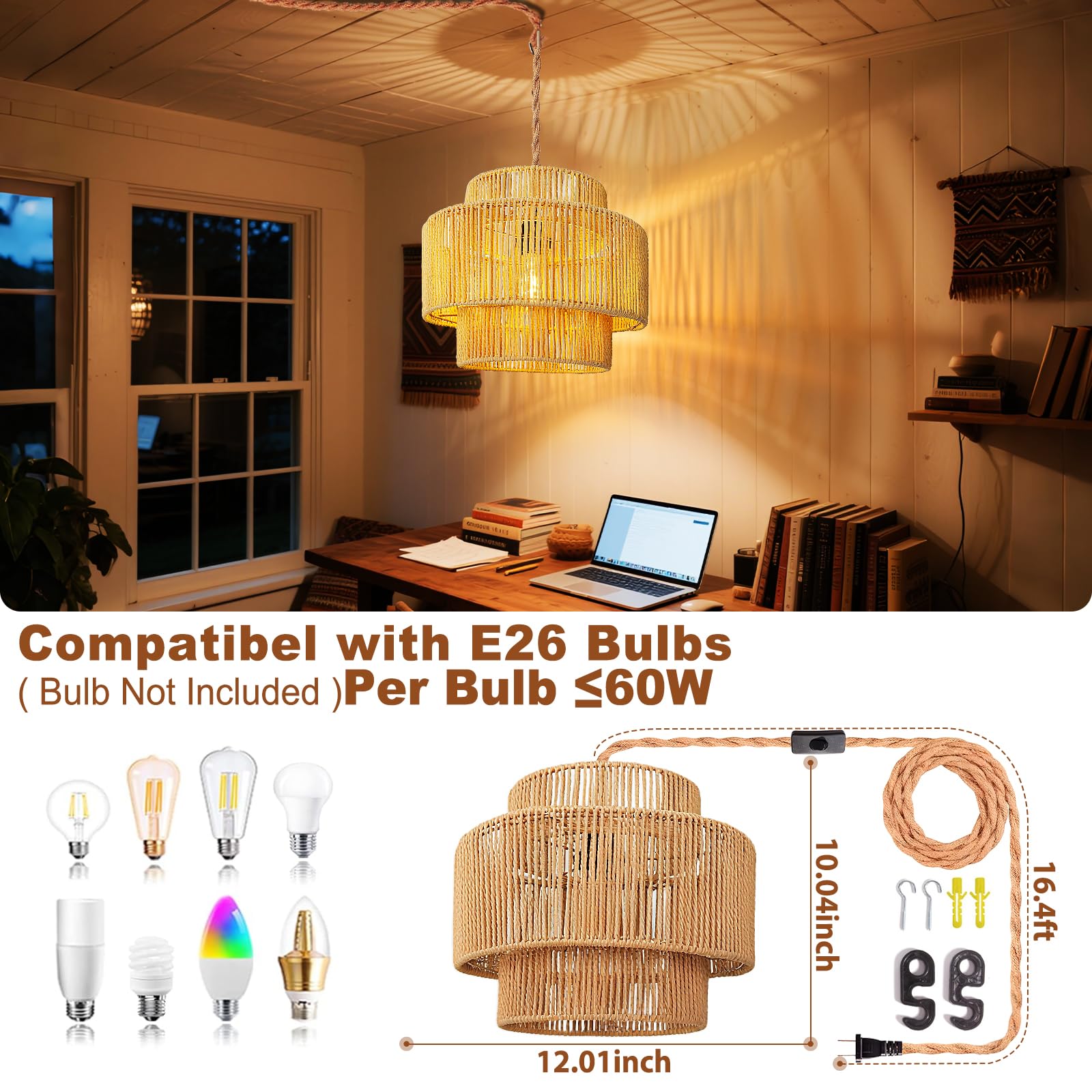 Maliralt Rattan Pendant Light - 12" Lantern Shade, Jute Rope, 16.4ft Plug-In Cord with On/Off Switch for Bedroom & Living Room