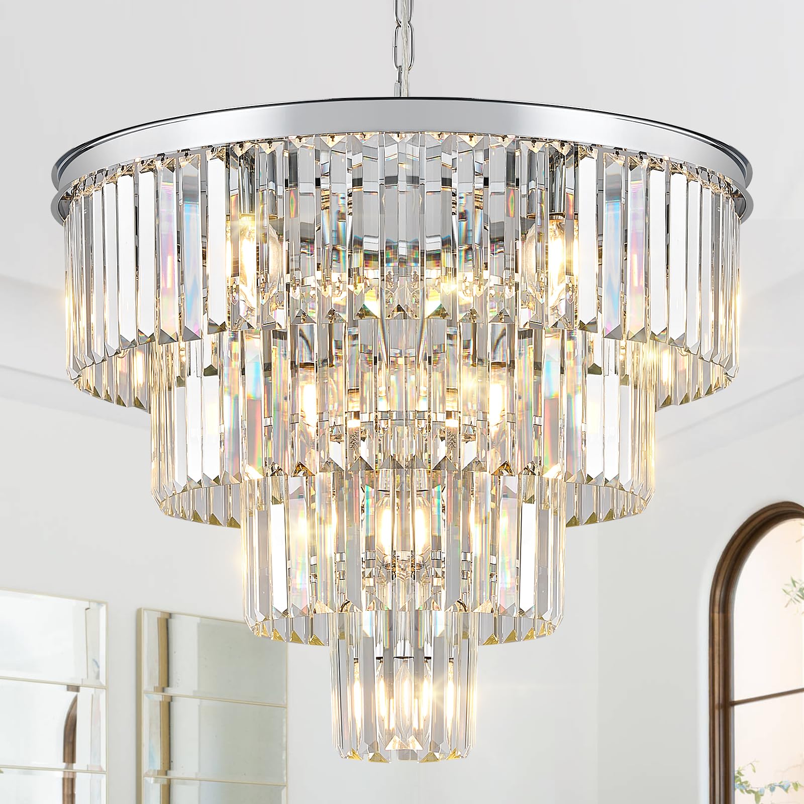 CATINER Modern Crystal Chandeliers Chrome 24    Luxury Chandeliers 4-Tier 12 Lights K9 Crystal Round Ceiling Pendant Light Fixtu