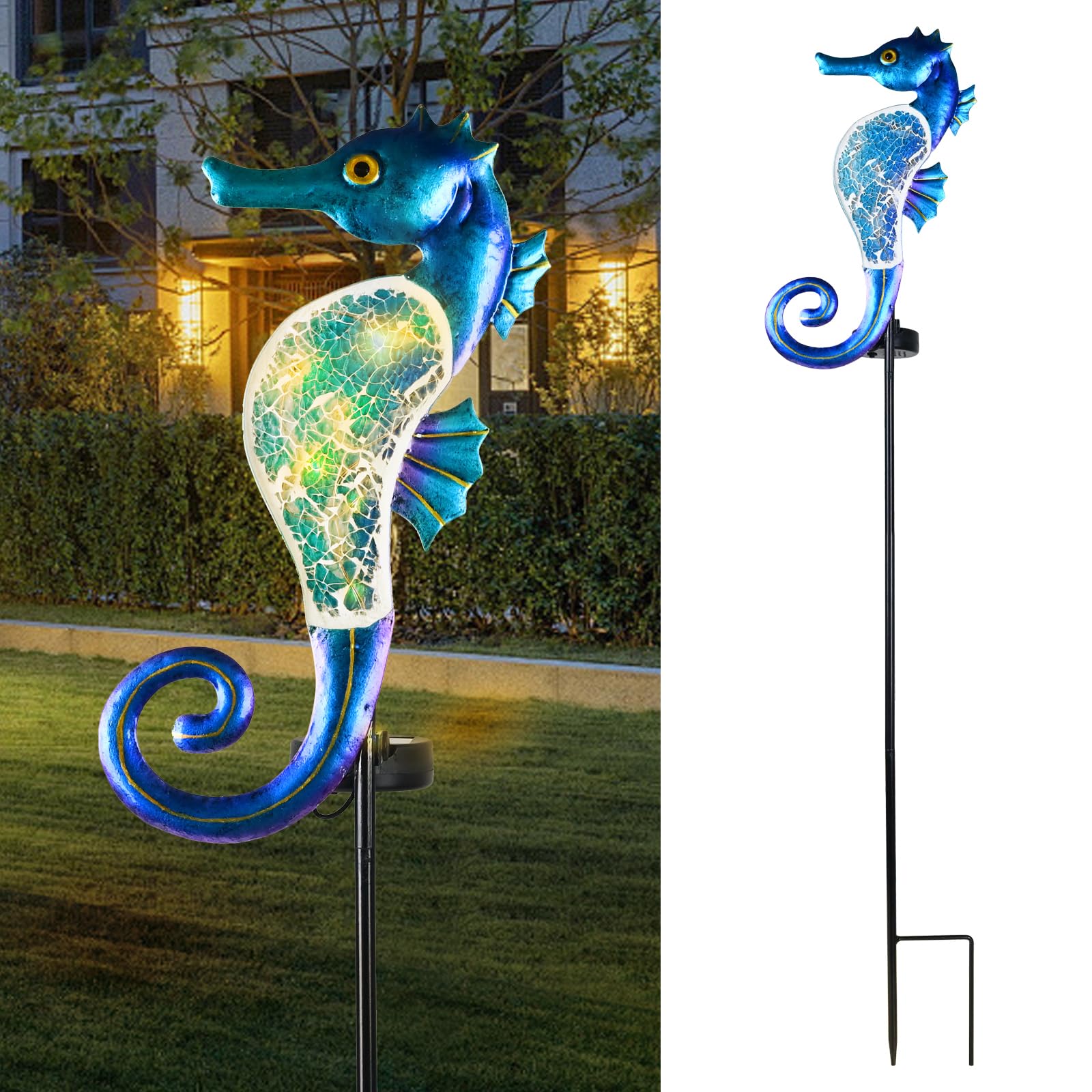 Yiosax-Solar Outdoor Lights Decorative-Yard Outdoor Decor-Garden Stakes Seahorse Decorations Waterproof 7 Led Light Decor Ocean Beach Theme For Lawn Path Yard Decoration Gift Idea Mom Women