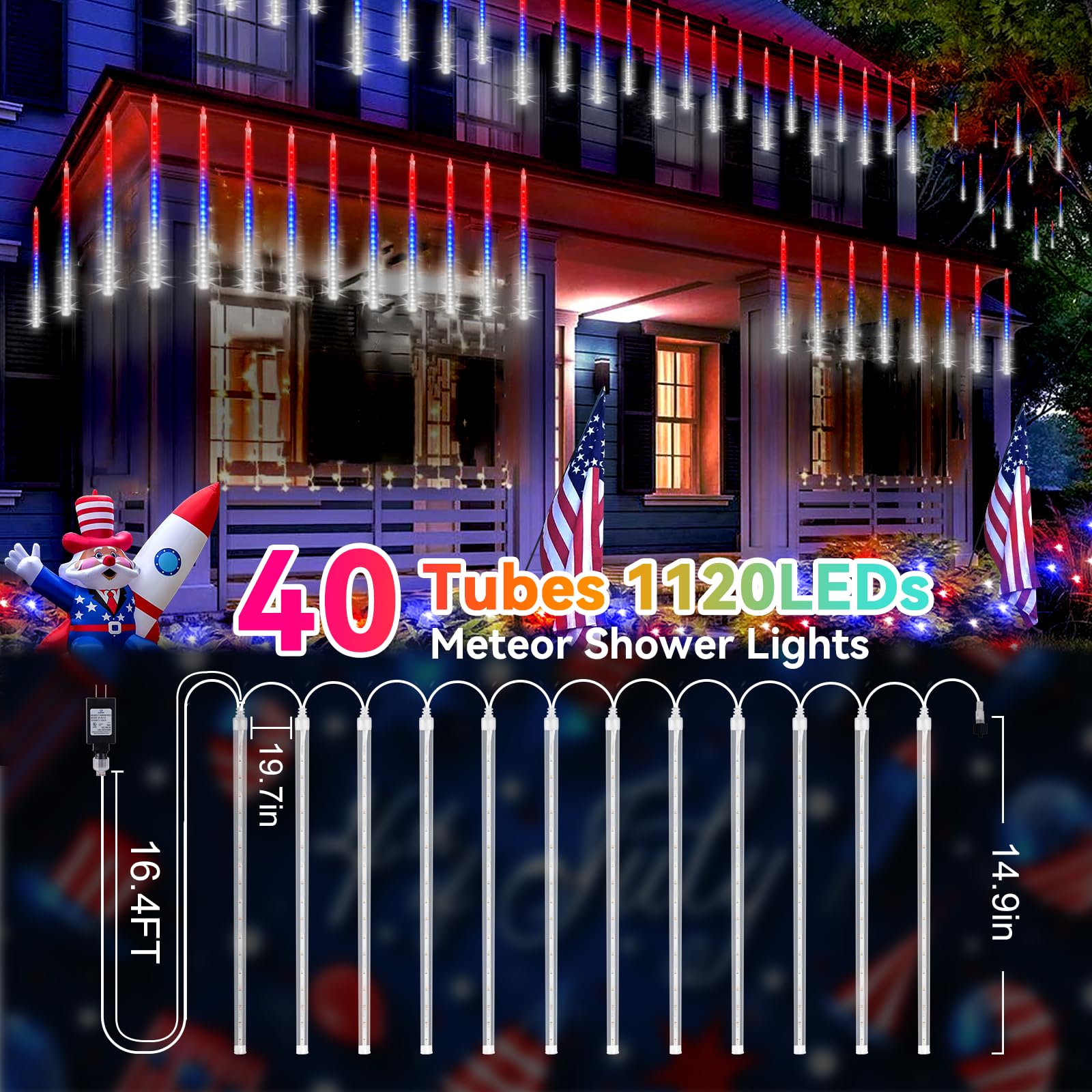 KNONEW 40 Tube LED Lights - Red, White & Blue Meteor Shower, Waterproof Outdoor Decorations for Independence Day, Model KN-1000-LIG168-01
