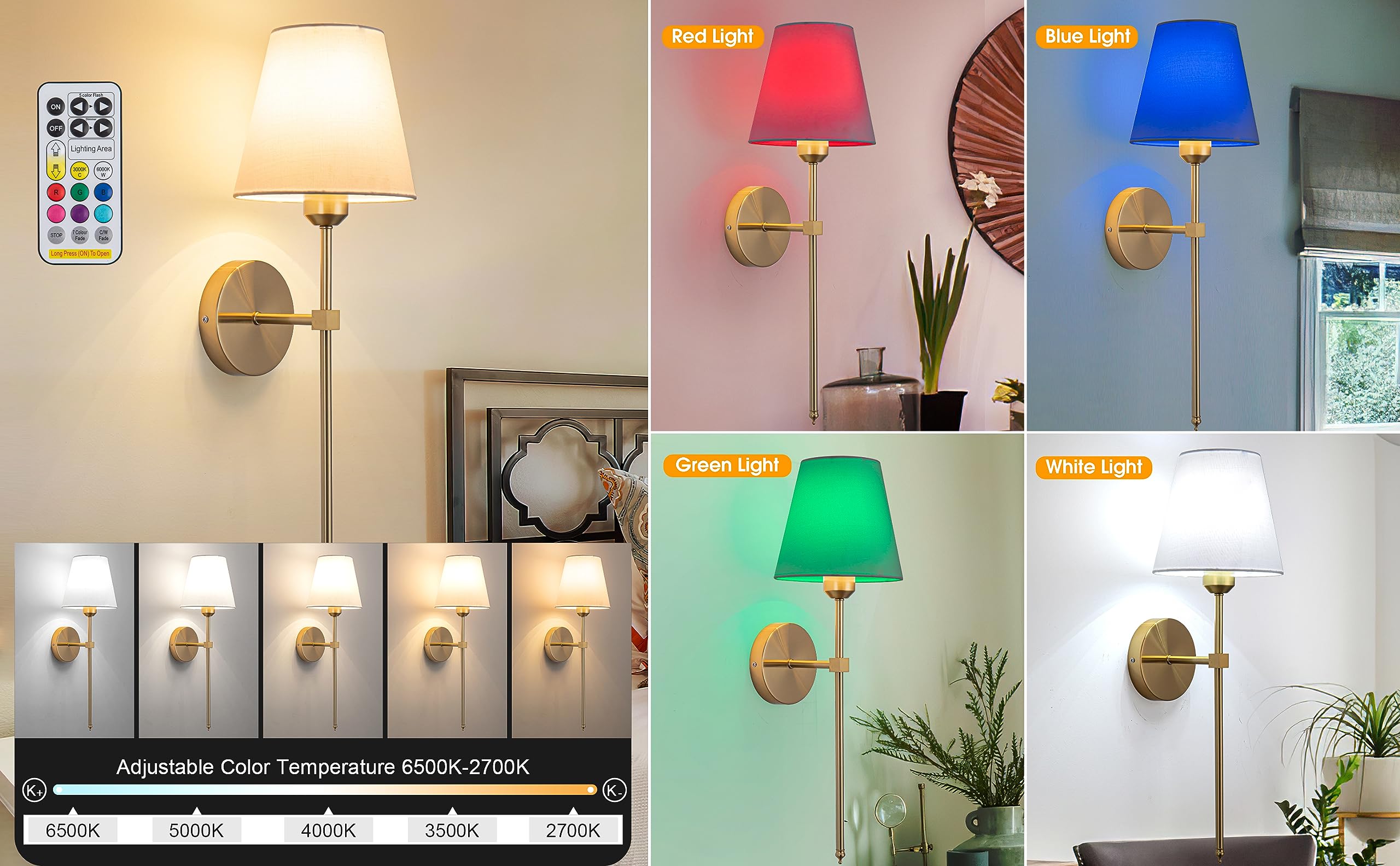 Jengush Gold Wall Sconces - Dimmable, Remote Control, Battery Operated, Set Of 2 For Living Room