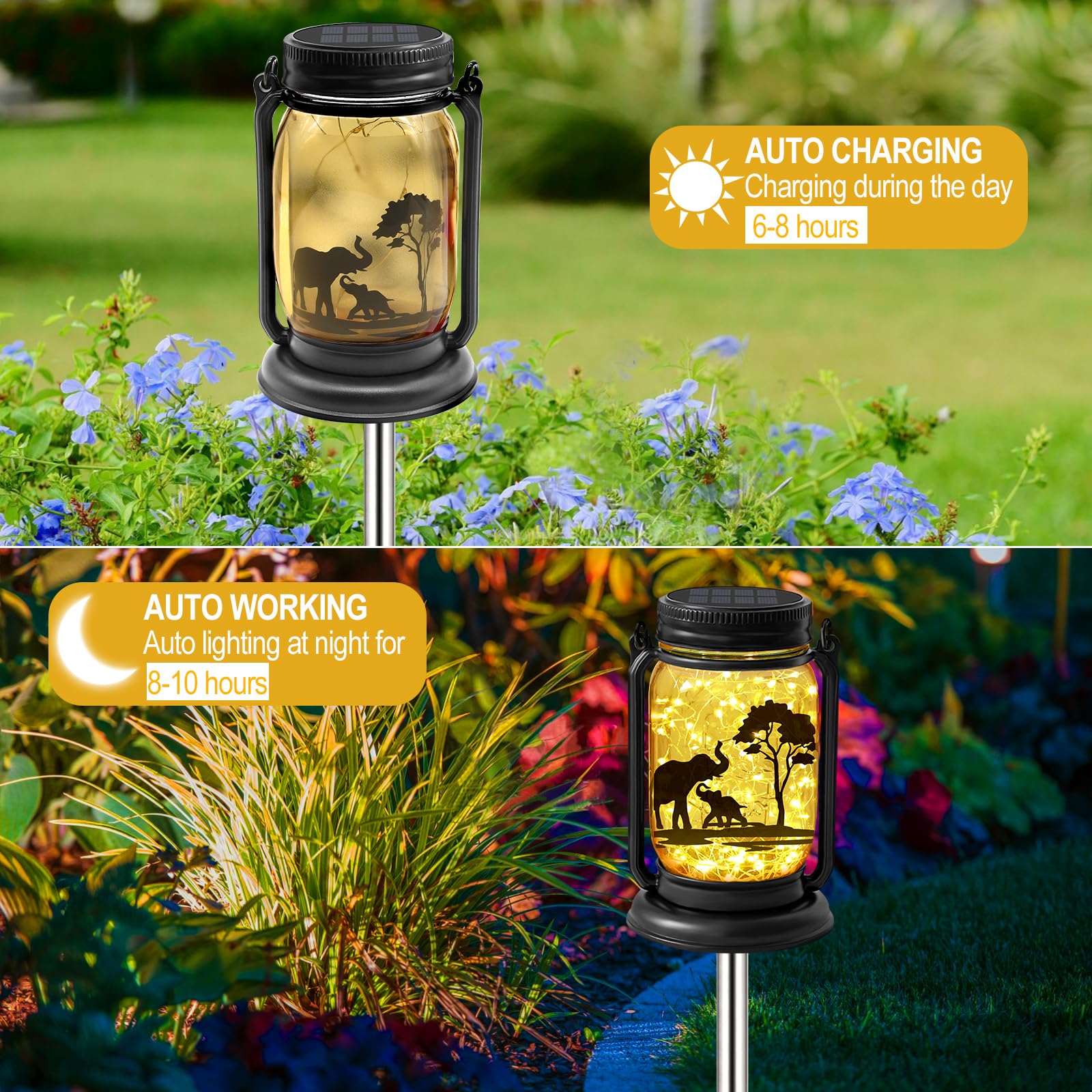 Yjfwal 2 Pack Outdoor Hanging Solar Lanterns, Elephants Theme Vintage Glass Mason Jar Solar Fairy Lights, Gifts For Mom, Grandma