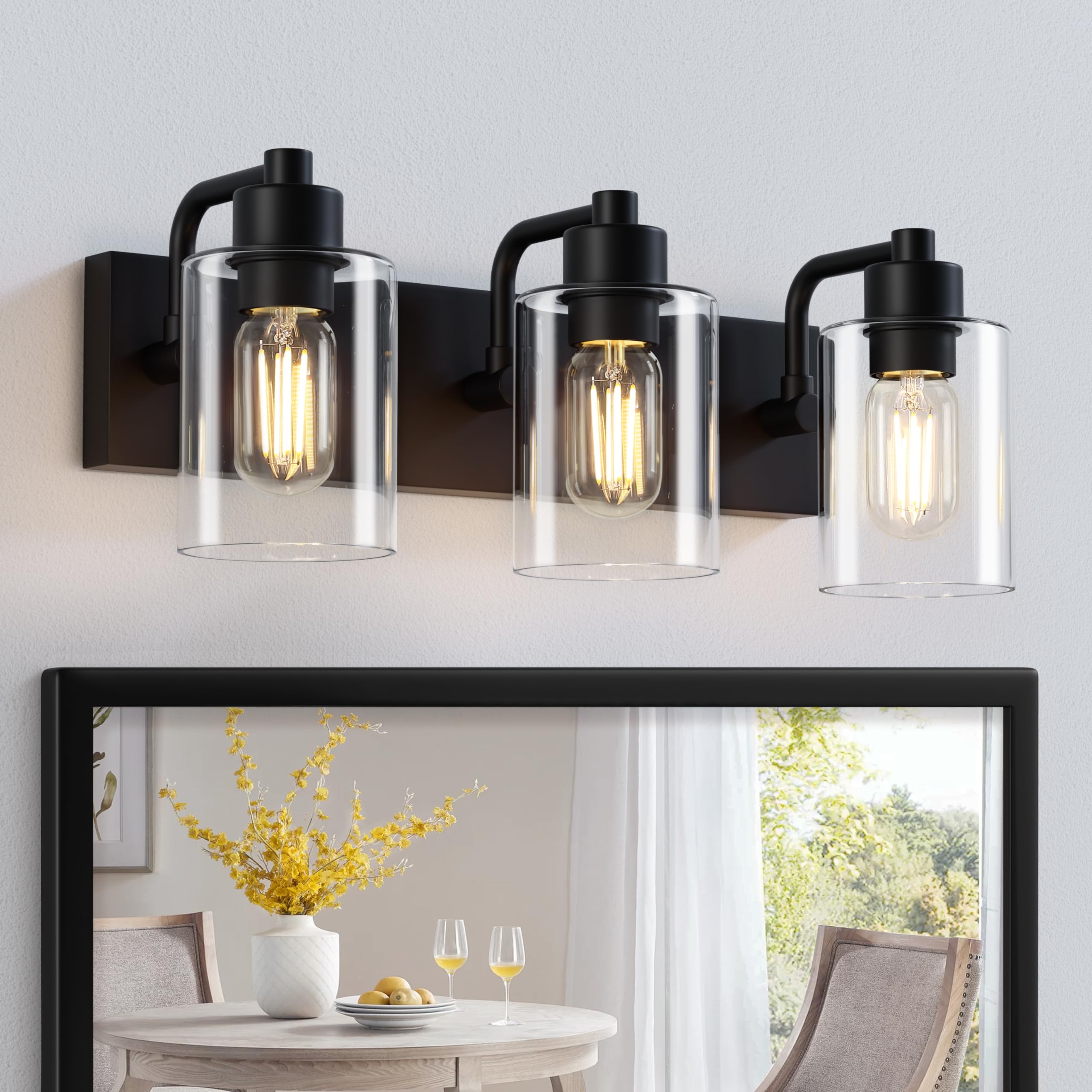 Dpyrrhic 3-Light Bathroom Light Fixtures, Matte Black Metal Sconces with Clear Glass Shade, Model JD-12