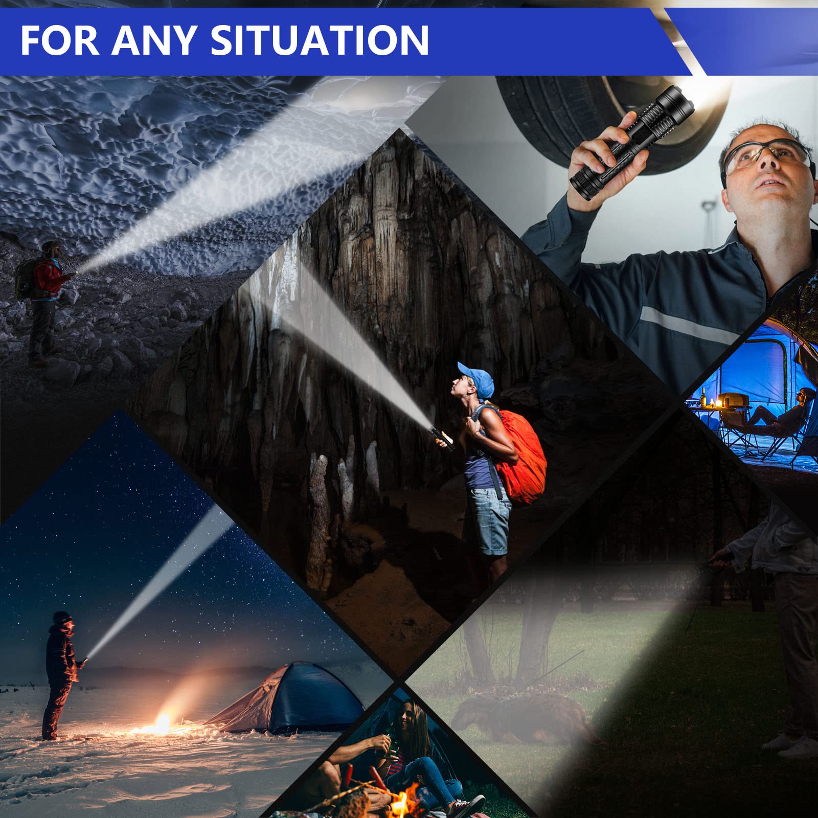 Esgofo X16 Tactical Flashlight - 20000 Lumens, Waterproof, Aluminum, Black, Rechargeable, Ideal for Hiking and Camping