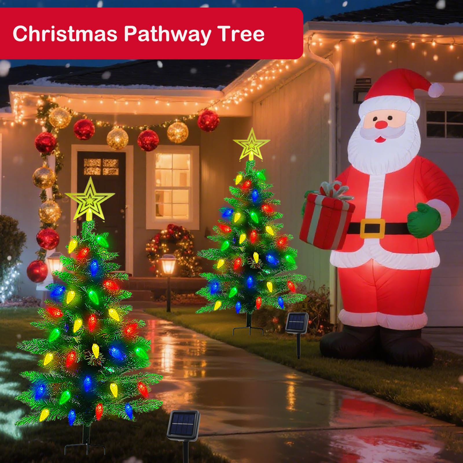 4Ft Solar Christmas Tree Christmas Decorations Outdoor  250 Branch Small Xmas Tree With 100 Led C6 Lights  Waterproof Solar Christmas Lights For Porch  Pathway  Yard  Cemetery  1 Pack