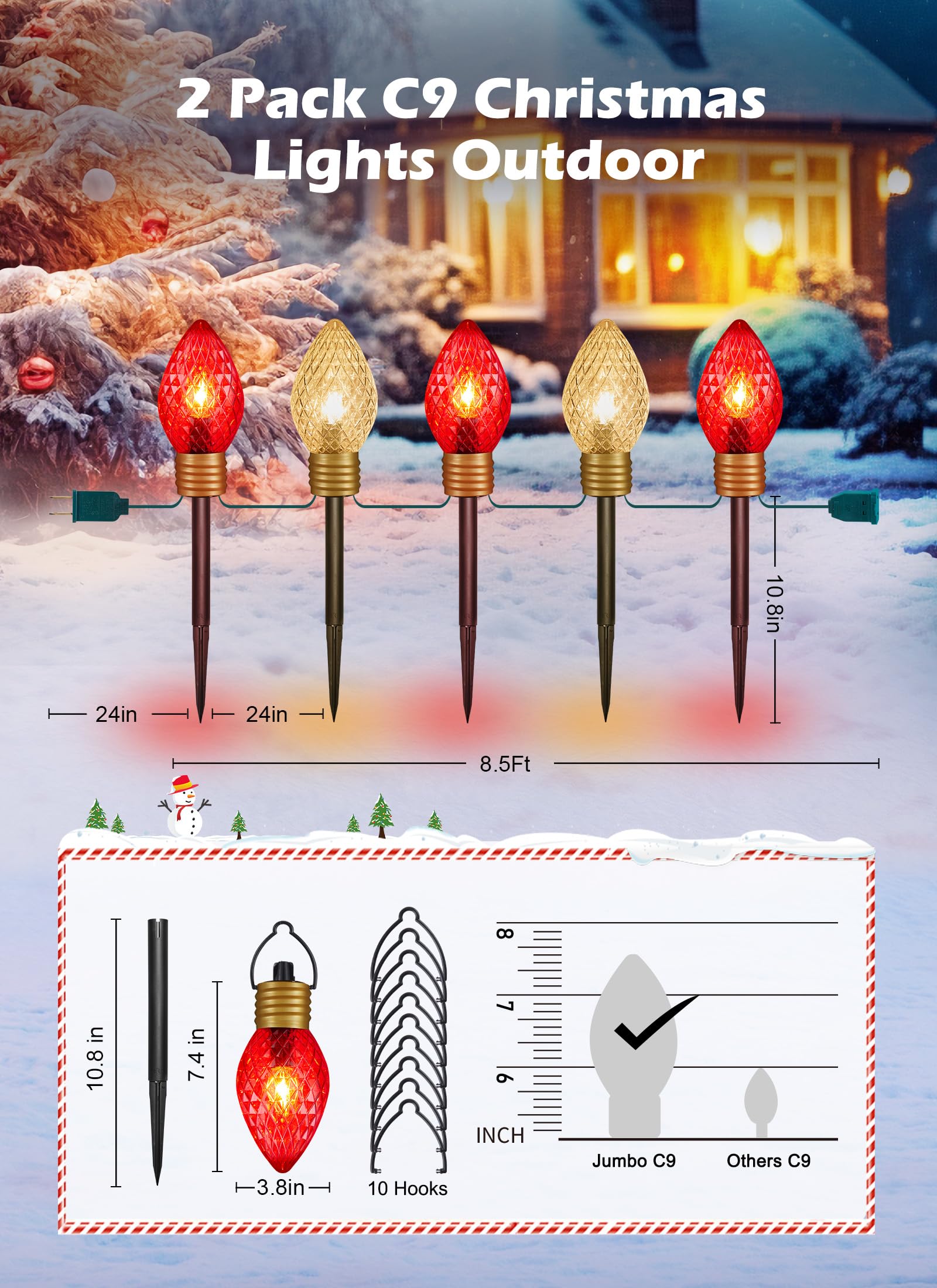 Strawberry Jumbo C9 Christmas Pathway Lights Outdoor -2 Pack Total 17 Feet 10 Led Jumbo C9 Walkway Lights, Multicolor Bulb Chris
