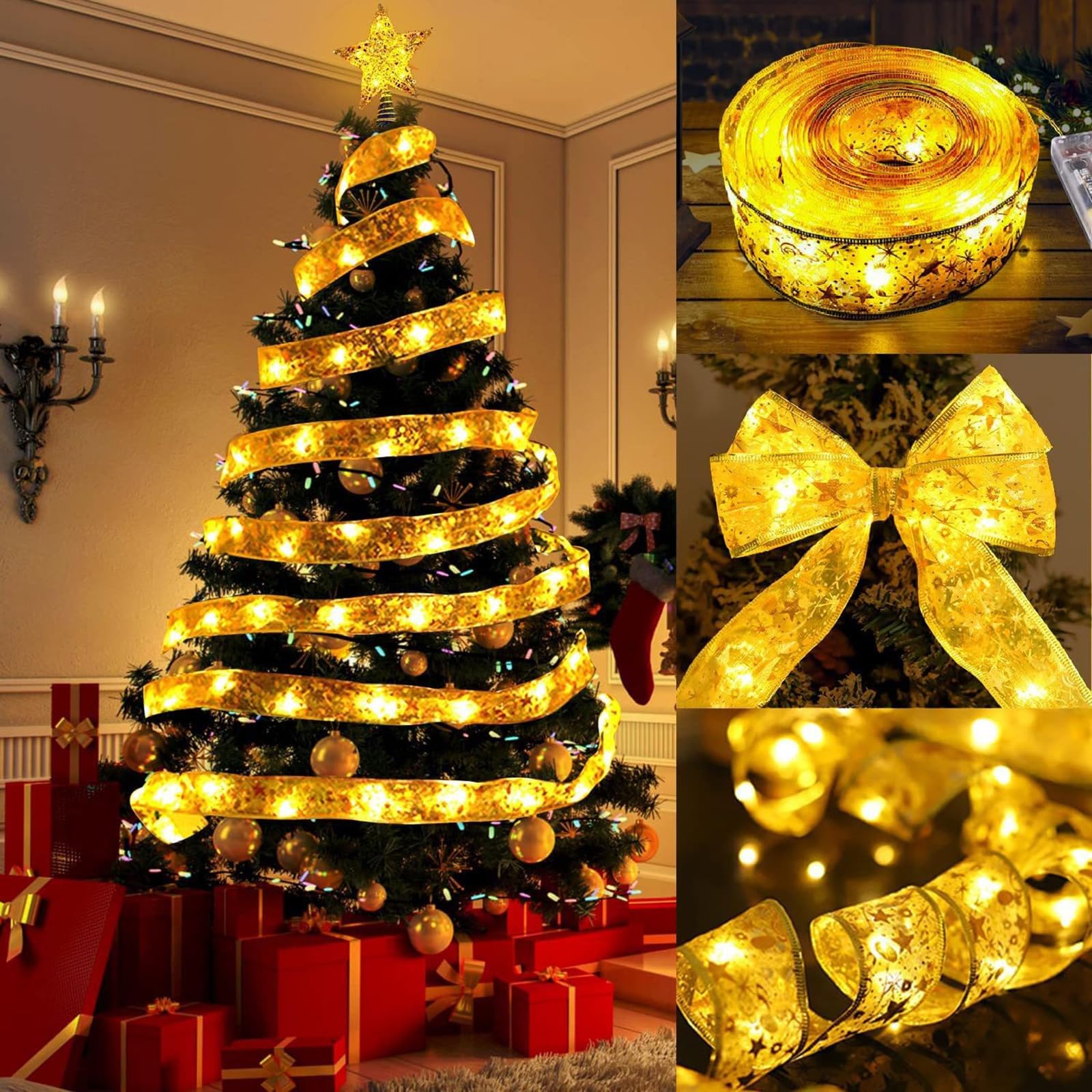 Zjhgdr Christmas Ribbon Fairy Lights  Copper Wire White String Lights Glitter Gold Ribbon Lights 2.5Inch X16.4Ft 50 Leds Battery Operated Fairy String Lights For Xmas Tree Indoor Decorations