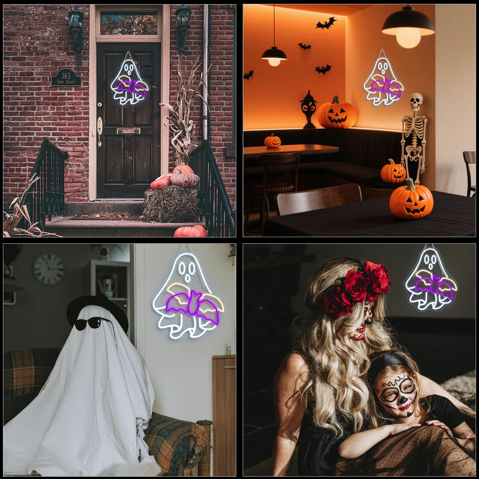 WLHOPE Ghost Bat Neon Sign - Dimmable LED Wall Decor for Halloween, Bar, Party - 12.6x15.74in, USB Powered