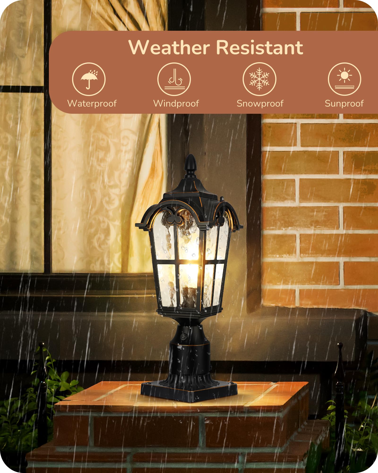EDISHINE Outdoor Post Light, Dusk to Dawn, Black Aluminum, Waterproof, Water Ripple Glass, Model HOPL01A, Normal Size