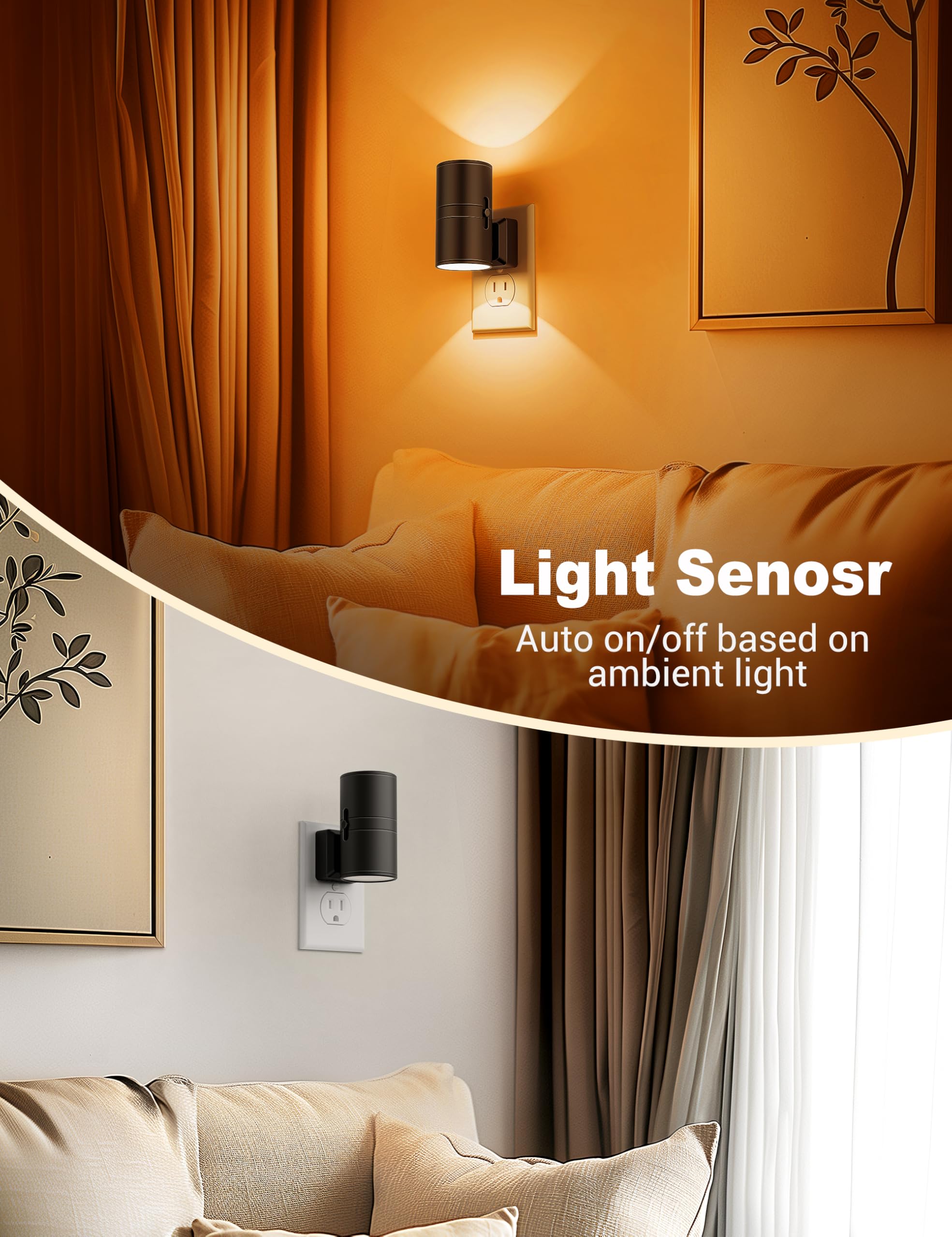 JandCase Amber Night Light Plug-in, Dimmable 0-100LM, Modern Auto On/Off, 2 Pack, Orange-Black Shade, Model C-GY06307US-