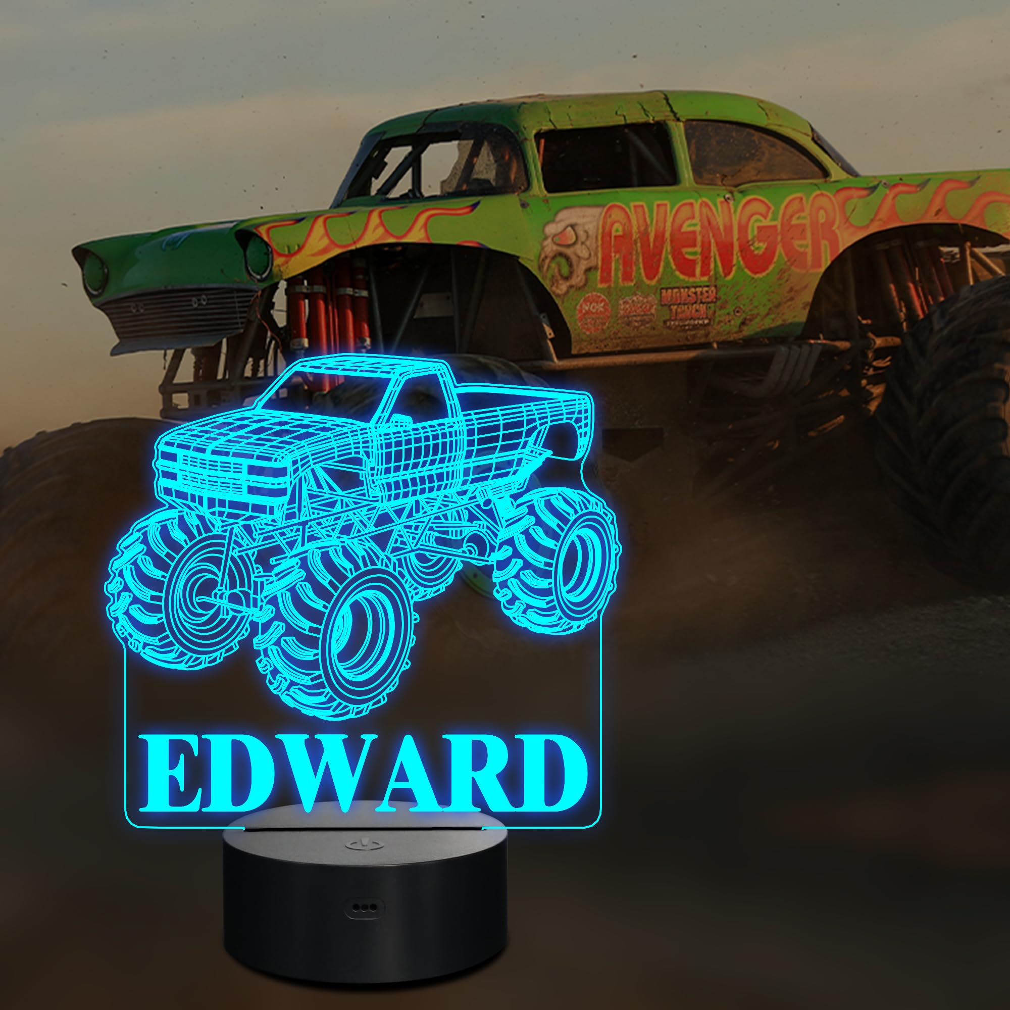 CoolGift Mart Customized Monster Trucks Night Light for Boys, 3D LED Optical Illusion Lamp with Remote Control and Timer, Perfec