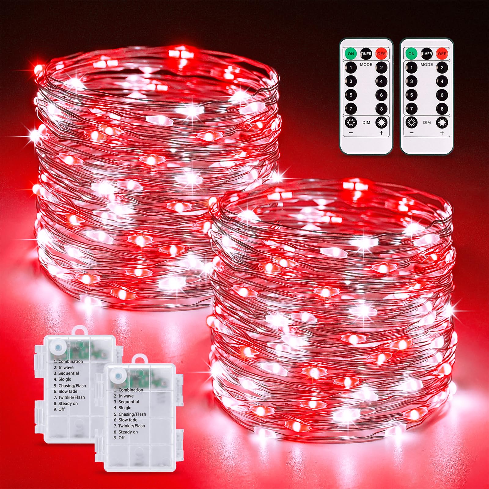 JMEXSUSS 2 Pack Red and White Fairy Lights Battery Operated, Total 200LED 66ft Red and White Christmas Lights with Remote, 8 Mod
