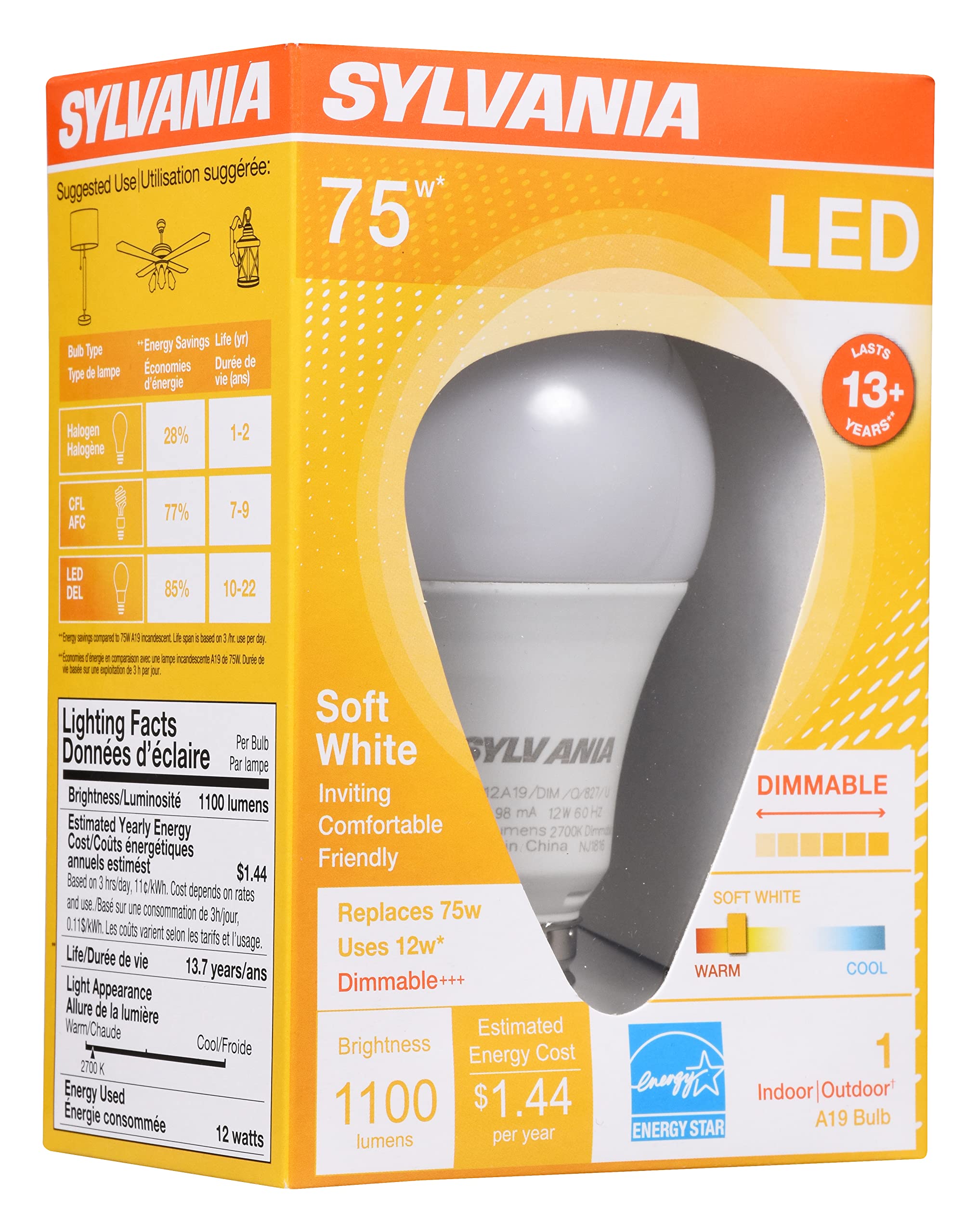 LEDVANCE SYLVANIA A19 LED Light Bulb, 12W Dimmable, 1100 Lumens, Soft White, 1 Pack, Model 74685