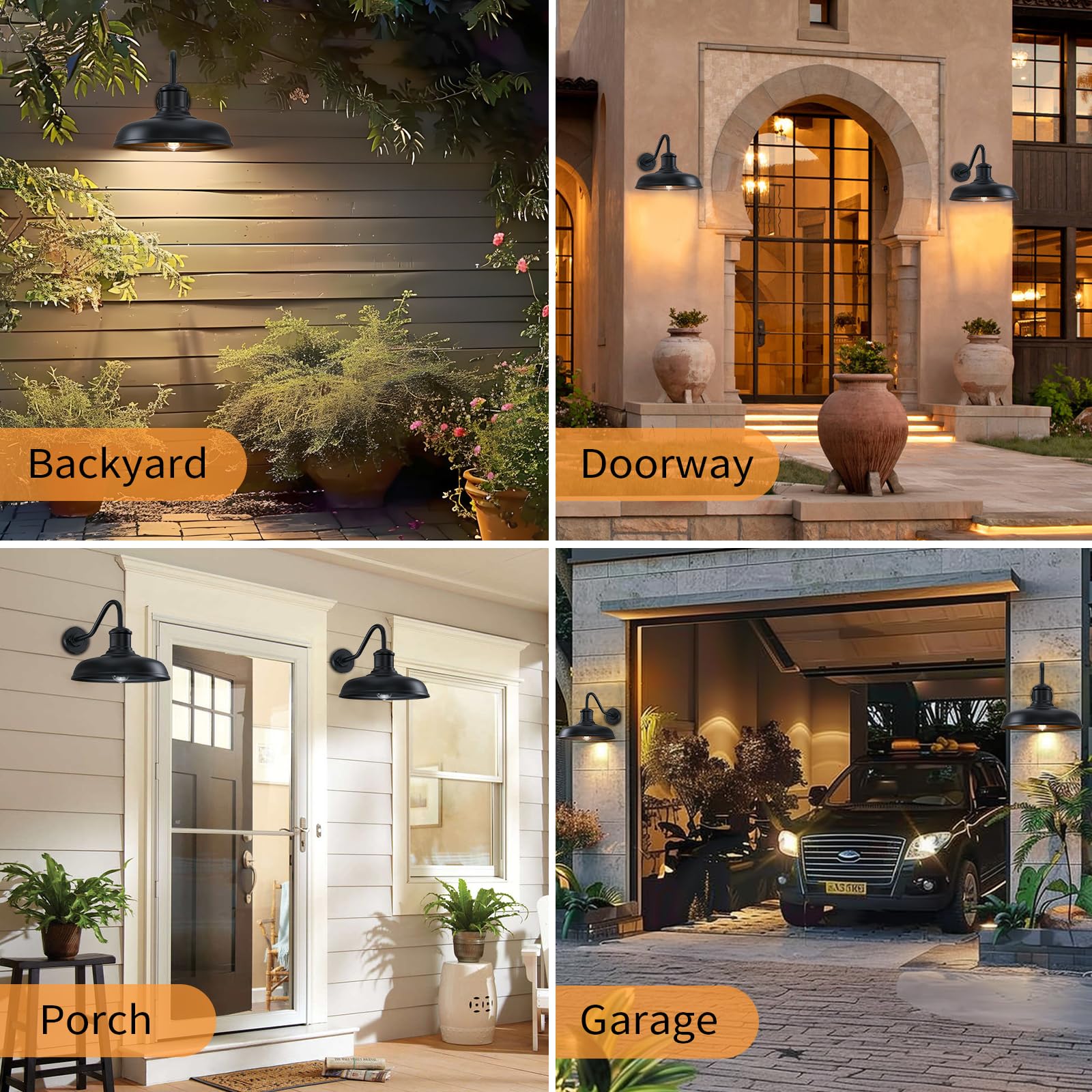 13.8 Diameter Large Outdoor Gooseneck Barn Light 2 Packs  Outdoor Wall Sconce Farmhouse Exterior Light Wall Lighting Fixture Industrial Outside Lantern For Porch  Patio  Garage  Black (No Sensor)
