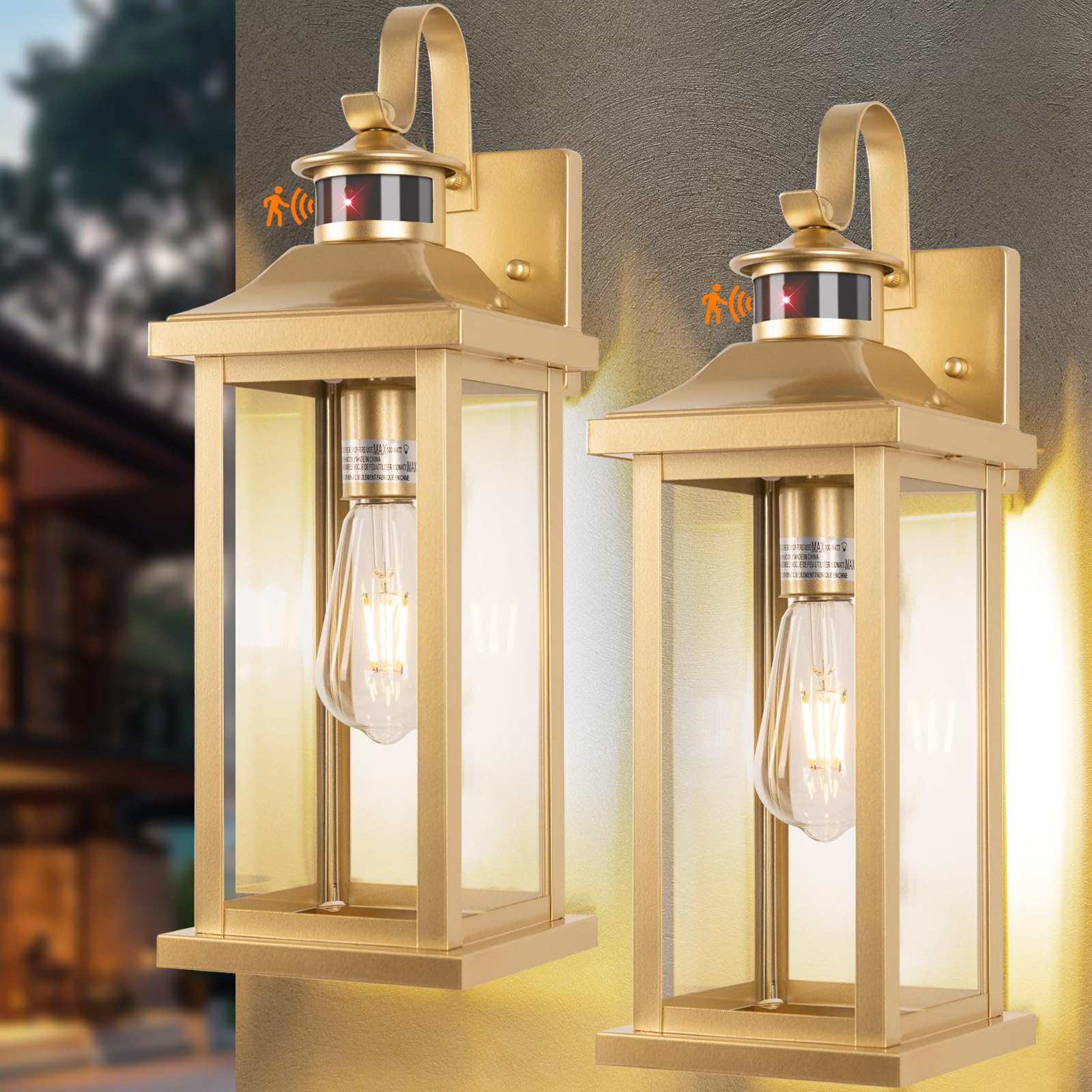 Roravilila 2-Pack Gold Dusk to Dawn Motion Sensor Lights 18 Inch, Large Outdoor Light Fixtures IP65 Waterproof Anti-Rust Brass O