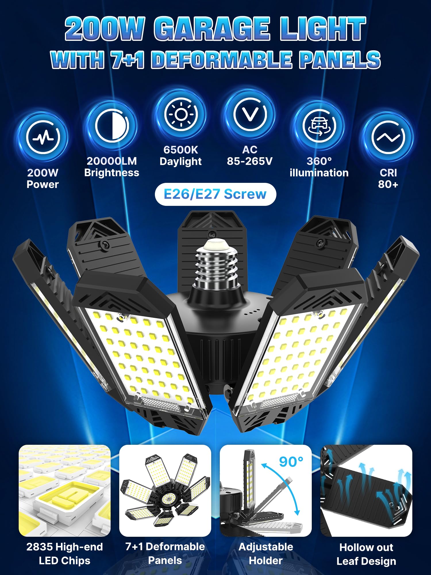 Led Garage Light 200W, 6 Pack Super Bright Garage Lights 20000Lm Garage Lights Ceiling Led With 7 Adjustable Panels 6500K Led Sh