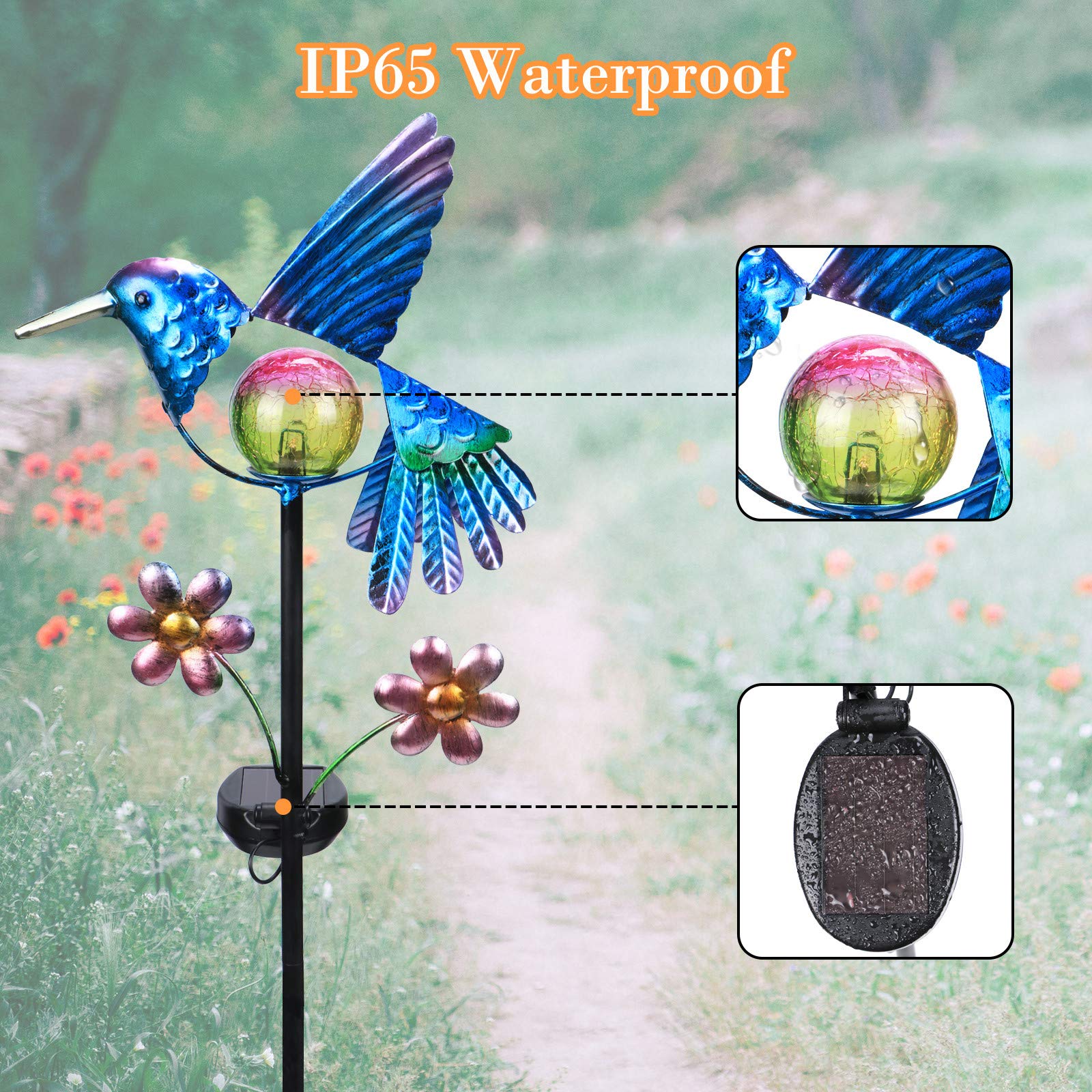 Afirst Solar Garden Stake Lights - Waterproof Hummingbird LED - Warm White Glass Globe - Model 91acfff7-9c00-4181-ae1c-c0ddcc183ad