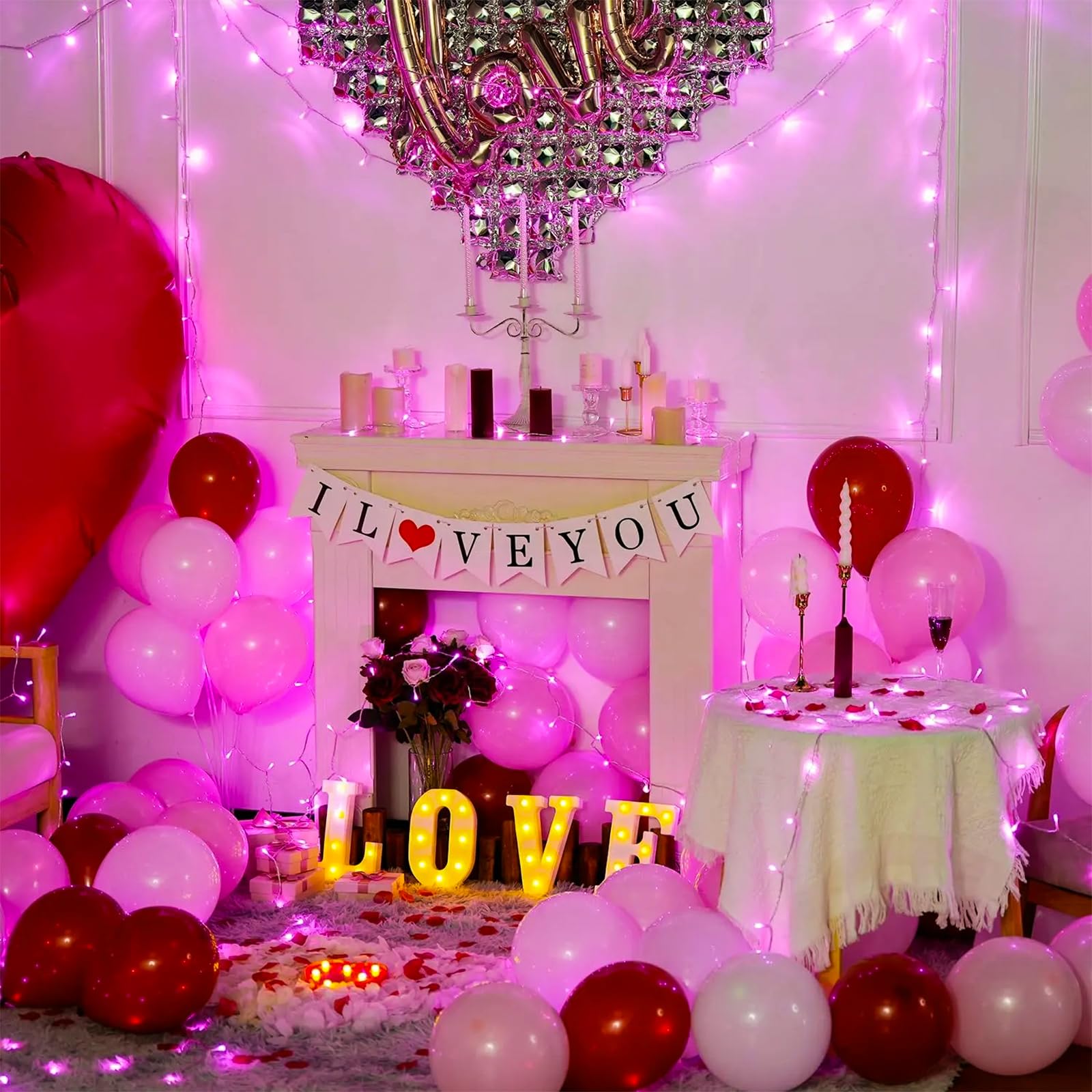 Jacuxlss Pink Valentines String Lights Decorations, Connectable 33 Feet 100 Led Plug In Decorative Fairy Aesthetic Light With 8