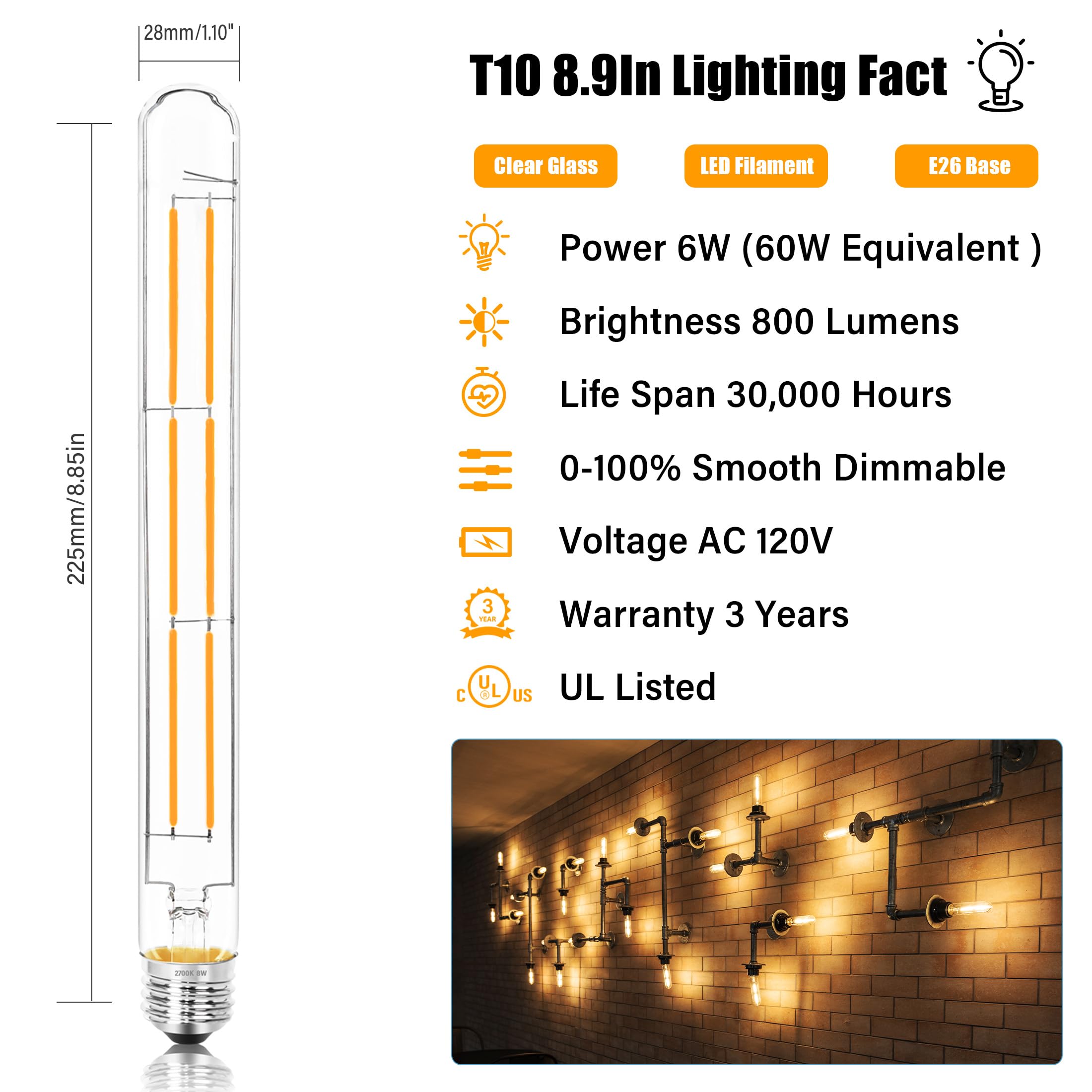 NOVELUX LED Light Bulbs E26 Base 6W 800LM 2700K Soft White Glass Vintage Edison 9 Inch Dimmable - 2 Pack