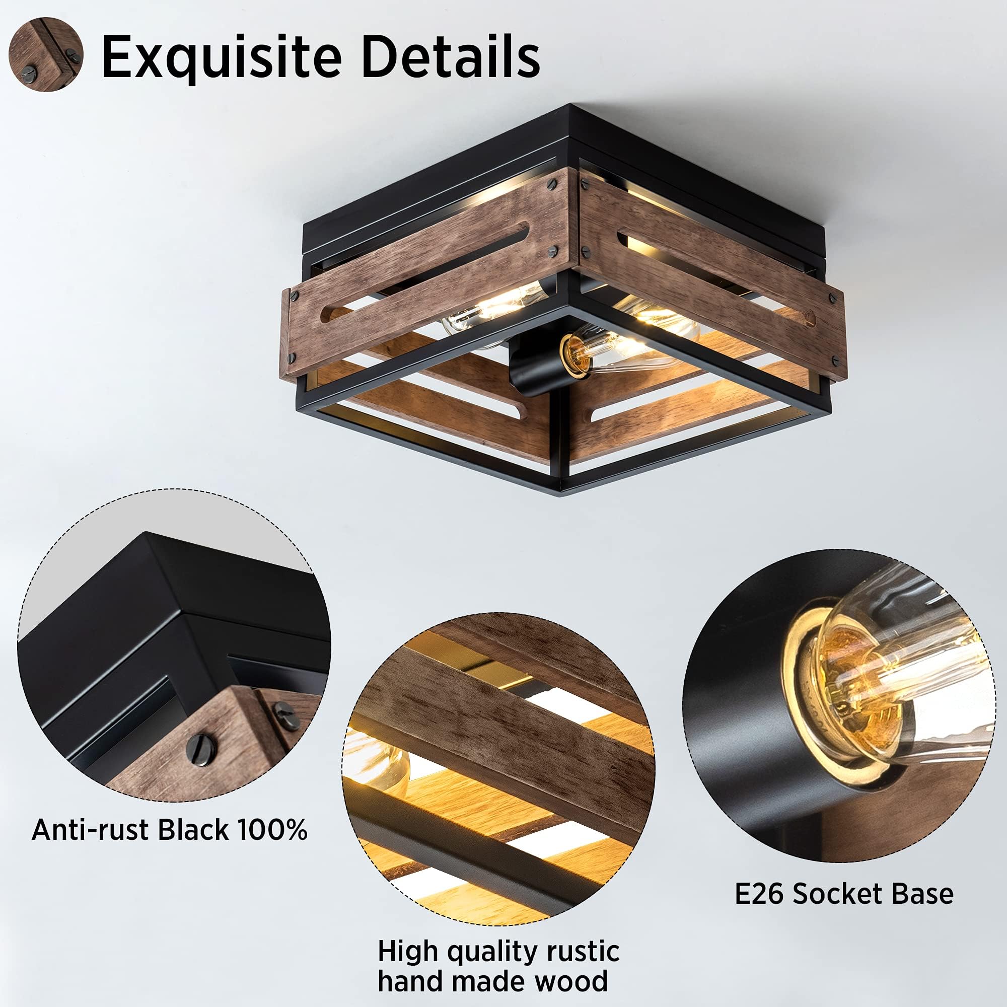 MAYNA 2-Light Flush Mount Ceiling Light Fixture, Rustic Metal & Wood, Brown, Model 5608-2X for Hallway, Entryway, Porch, Kitchen