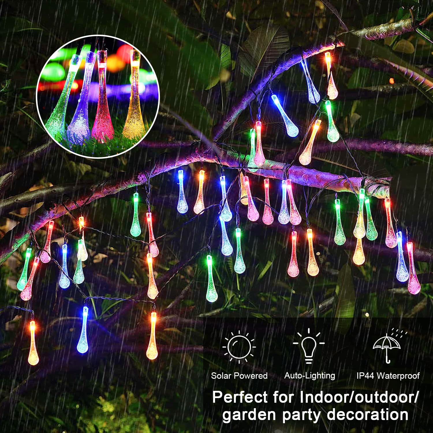 Jmexsuss 2 Pack Solar Outdoor String Lights, Total 41.6Ft 60 Led Teardrop Water Drop Lights, Solar Christmas Lights Outdoor Waterproof For Garden Patio Yard Tree Party Christmas Decor (Multicolor)