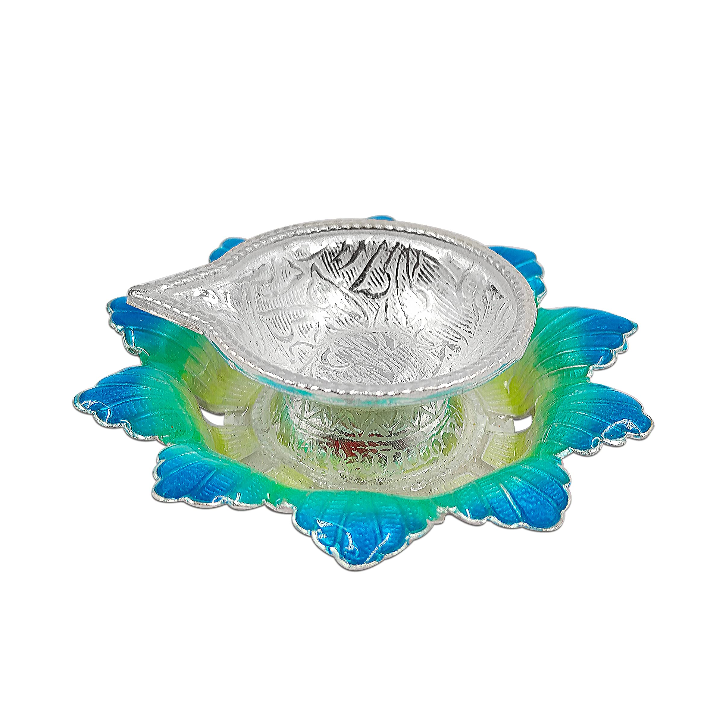 MAA SILVER Diya/Lamp/Deepak with Blue Yellowish Flower Shape Base Perfect for Gift and Pooja Purpose (20 Grams Silver)