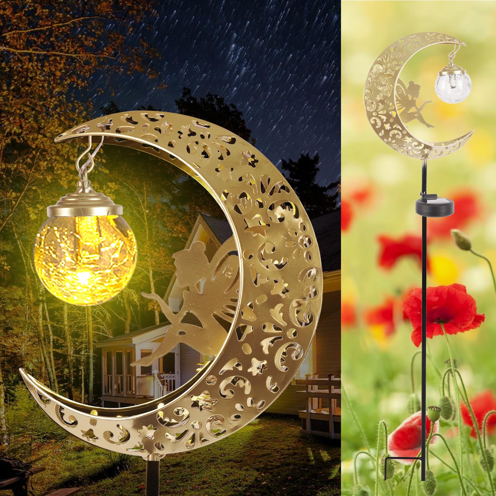 Solar Lights Outdoor Waterproof Fairy Moon Crackle Glass Lights With Metal Angel Decor For Walkway Yard Patio Or Garden Gifts Fo