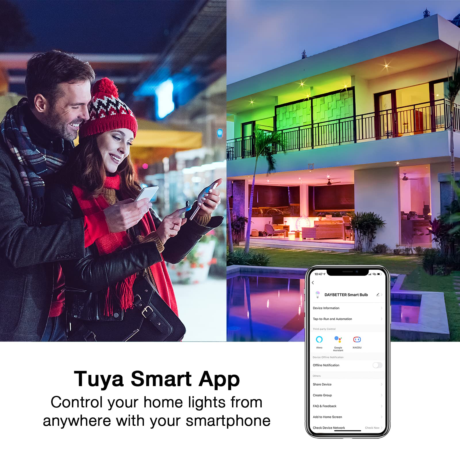 Daybetter Tuya Smart Light Bulbs, Rgbcw Wi-Fi Color Changing Led Bulbs Compatible With Alexa & Google Home Assistant, A19 E26 9W