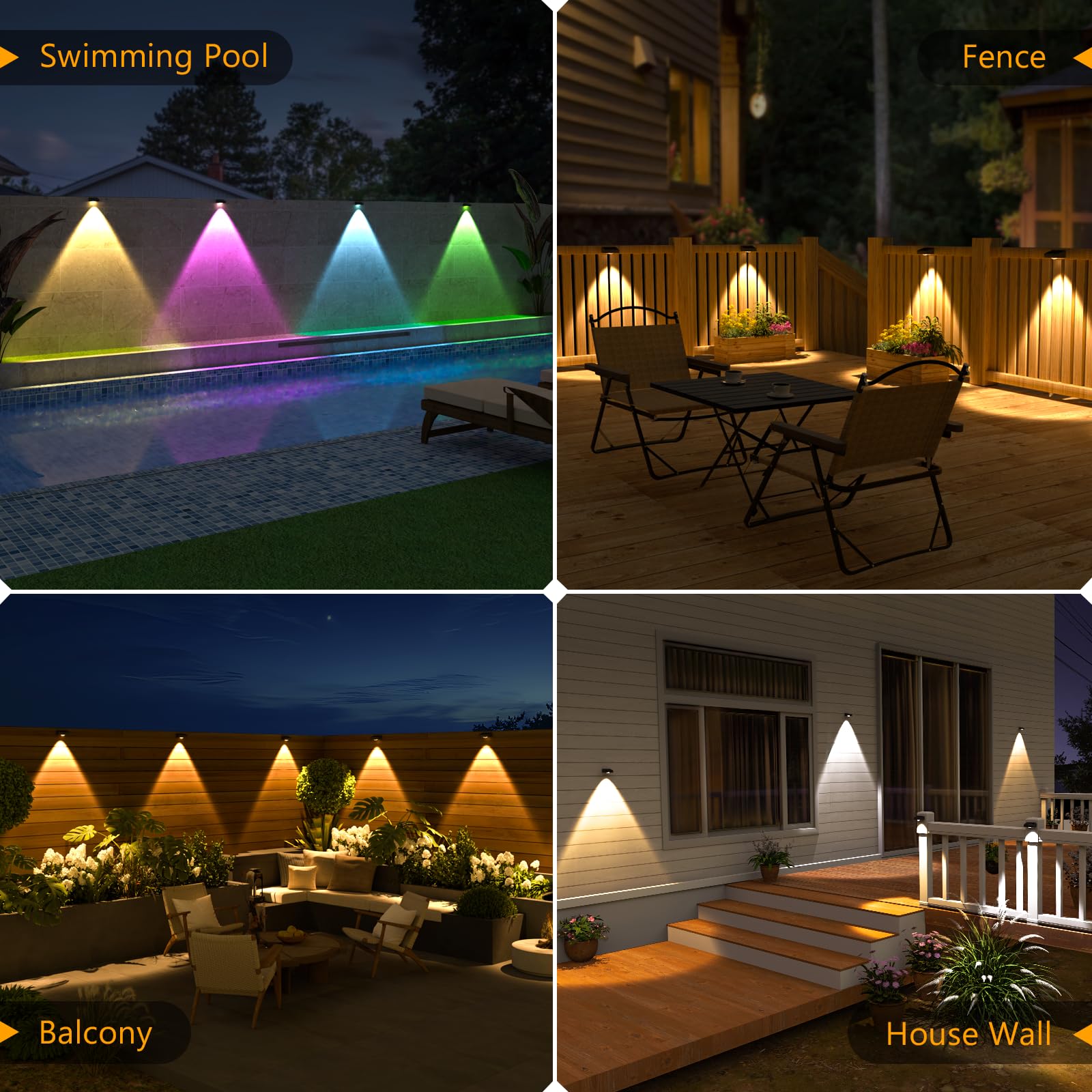 NIORSUN Solar Fence Lights, 8 Pack LED Waterproof Warm & Cool White RGB, Black, Model 16399LGTF for Patio, Deck, Pool Decor