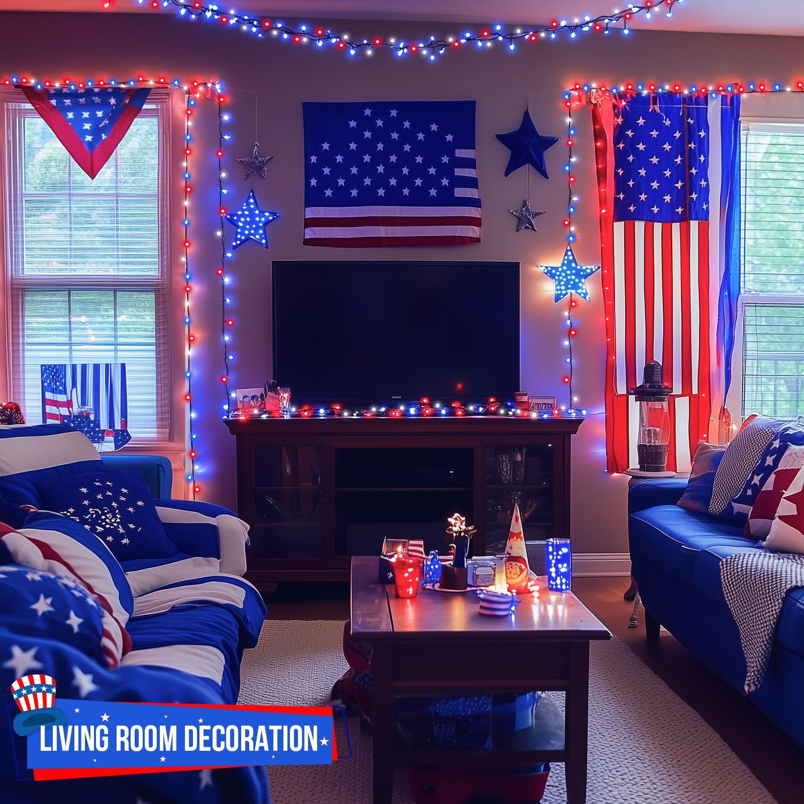 Jmexsuss 500 Led Red White And Blue Lights 4Th Of July Decorations, 173Ft 8 Modes 4Th Of July Lights Outdoor, Waterproof Patriot