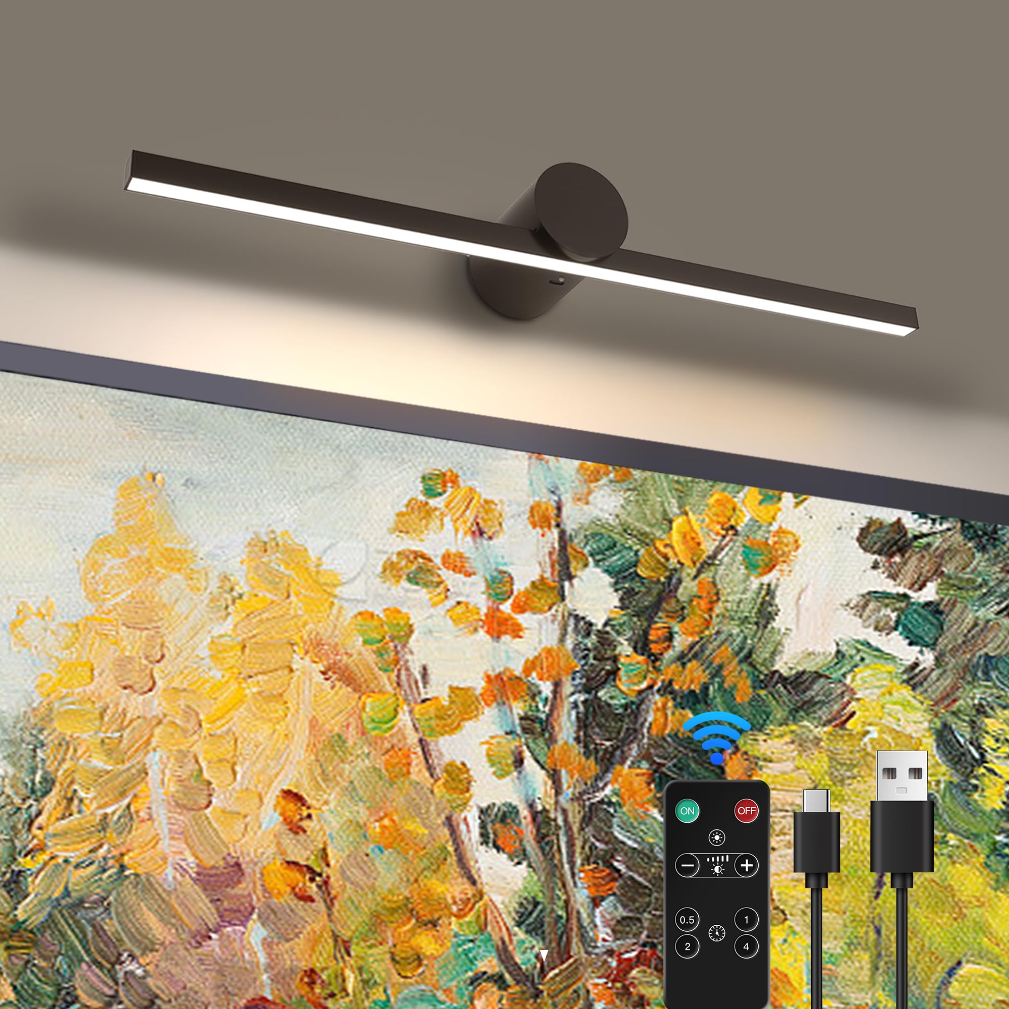 Zitostory Battery Operated Picture Light With Remote Wireless Dimmable Art Lights For discomfort-reducingtings Rechargeable Gallery Light Artwork Lighting For Canvas  Portrait (Black 16 Inch)
