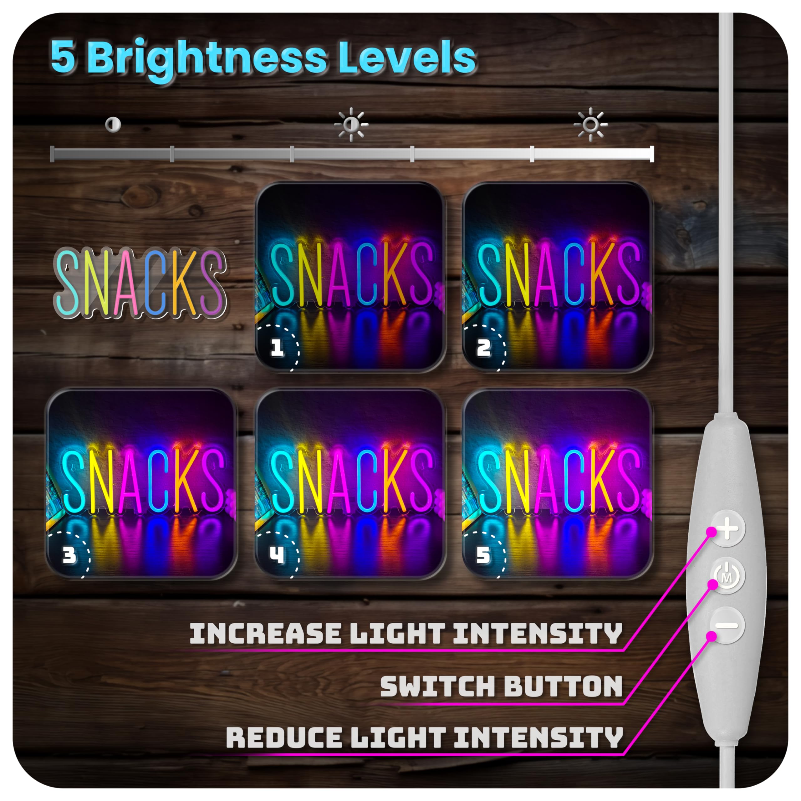 JIARODEY Snacks Neon Sign, Dimmable USB Powered, Acrylic Wall Decor, 14x6 Inch, Colorful, Snack Bar Art