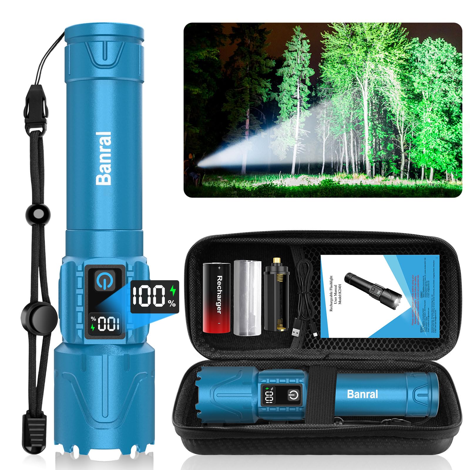 Banral Rechargeable Flashlight - High Lumens LED, Waterproof, USB C, 5 Modes, Zoomable, Model K-2401-B, Turquoise