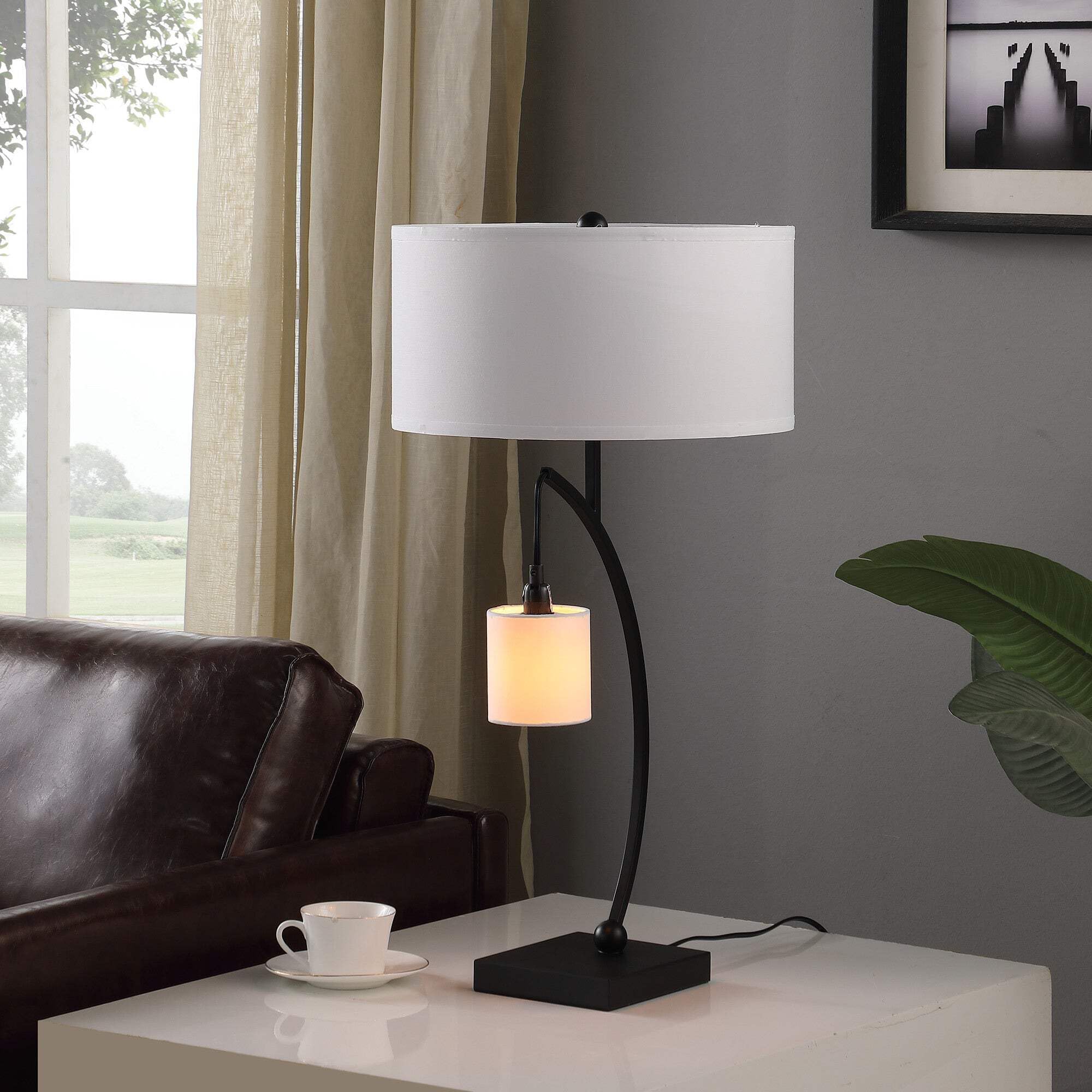 Homeroots Black Metal Two Light Arched Table Lamp With White Drum Shade, Model 524264, 28.5 X 15 X 15 In.