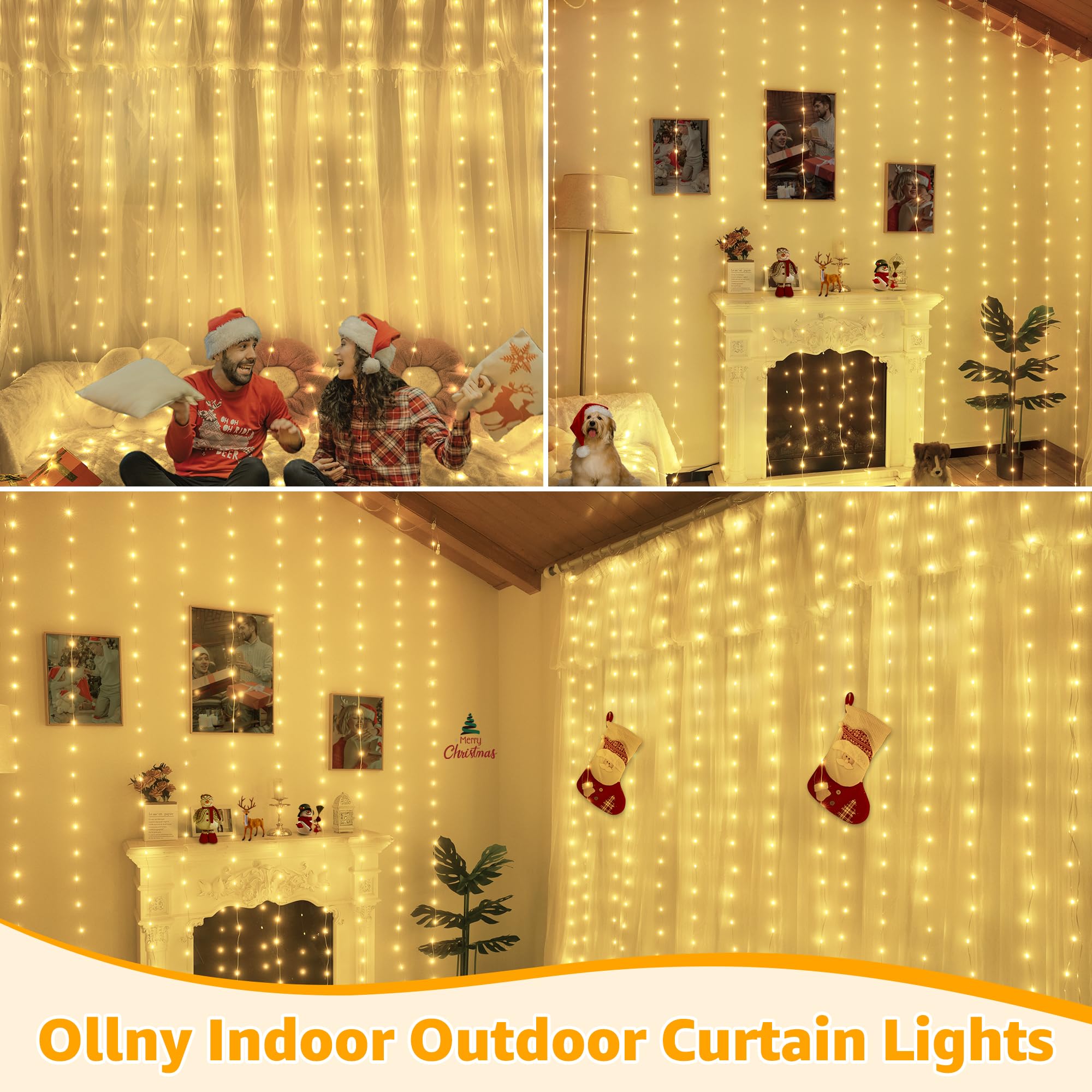 Ollny 600LED Curtain Lights, IP67 Waterproof, 19.7ft x 9.8ft, Warm White, Remote Control, 8 Modes, Model NYB0600F