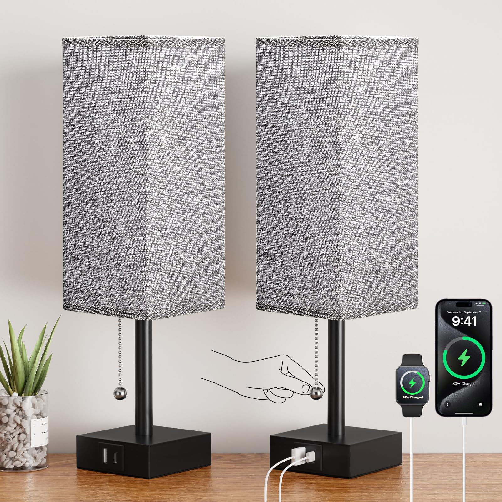 Bedside Table Lamps Set Of 2 - Gray Bedroom Lamps With 3 Color Temperatures (3000K/5000K/4000K), Square Nightstand Light With Us