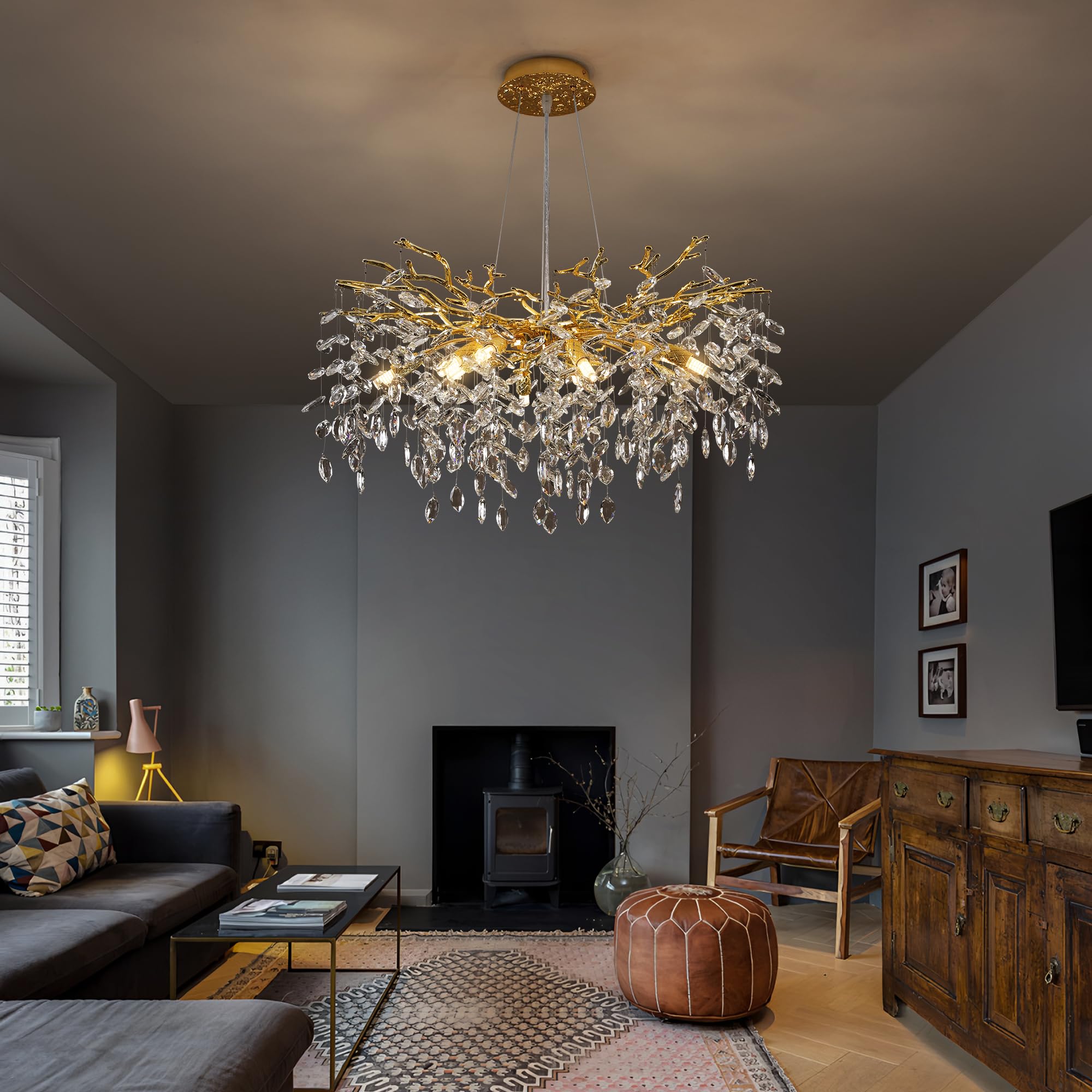 Puvaue Crystal Tree Branches Chandeliers Luxury Round Gold Hanging Pendant Light 10 Lights For Dining Room Bedroom Living Room E