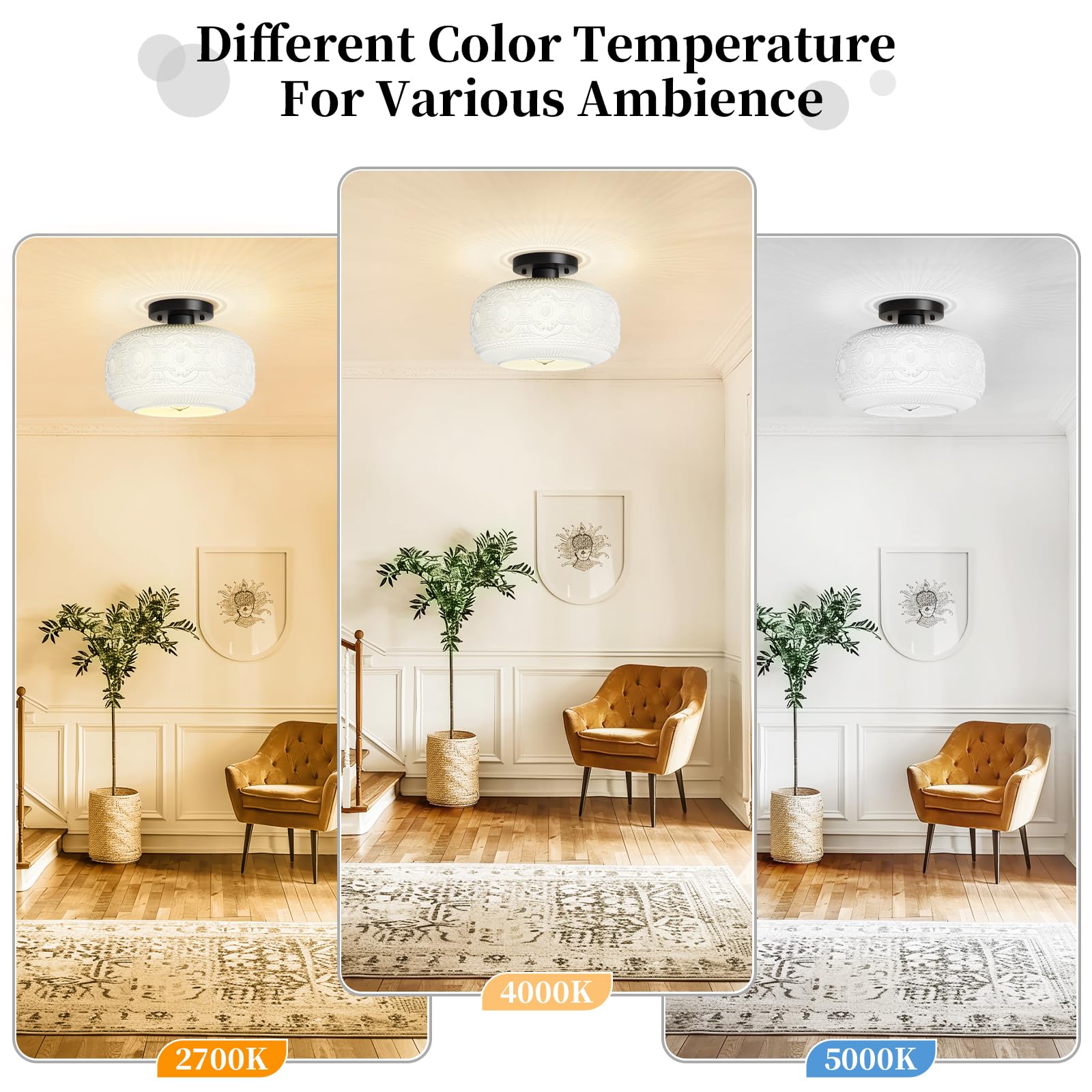 Oykyohei Vintage Semi Flush Mount Ceiling Light, White Glass Fixture For Hallway, Bedroom, Porch