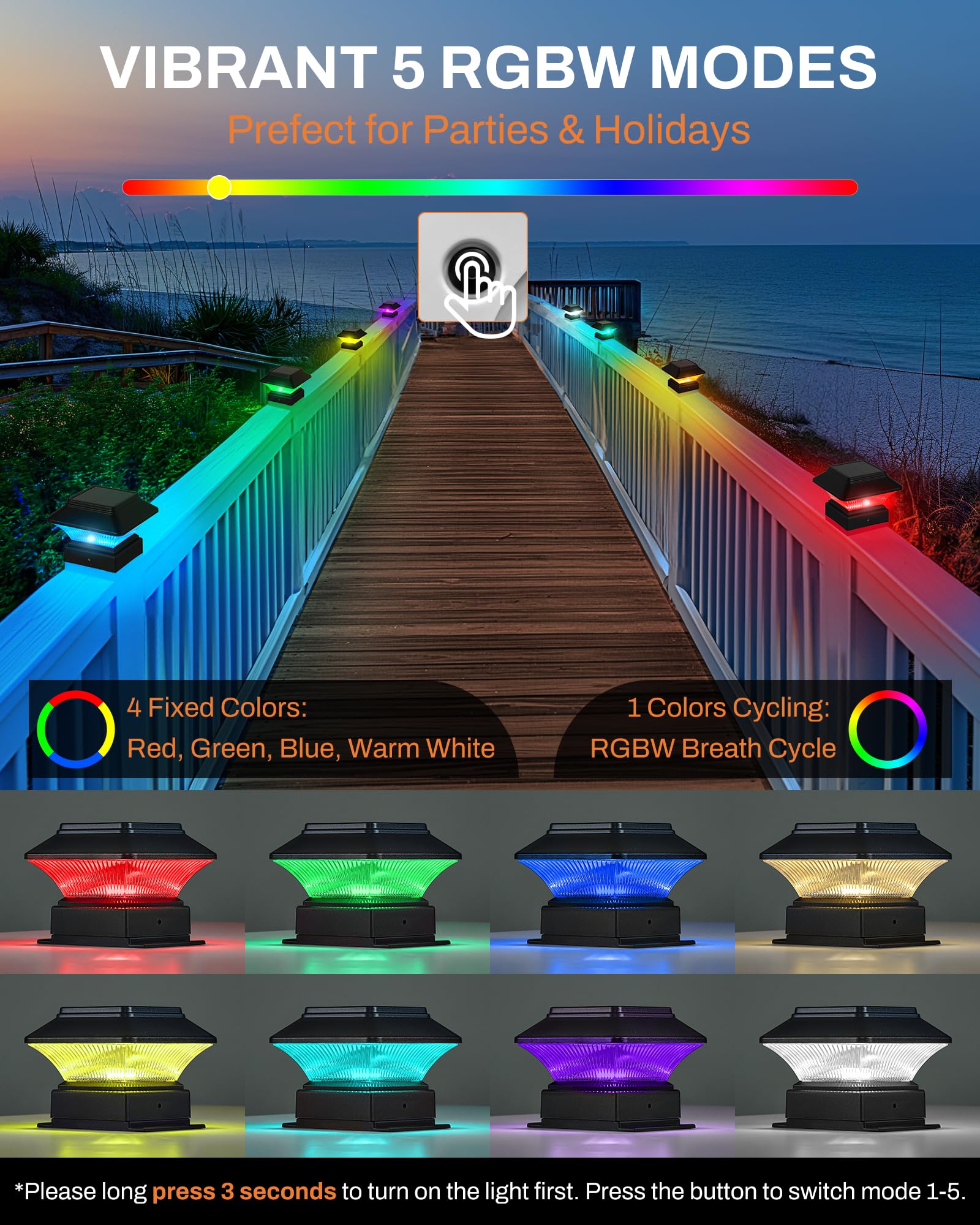 MOON-DE-AGE 6 Pack RGBW Solar Post Cap Lights - 50 Lumen Waterproof for Decks, Gardens, Fences, Patios - 5 Modes, Fits 4x4