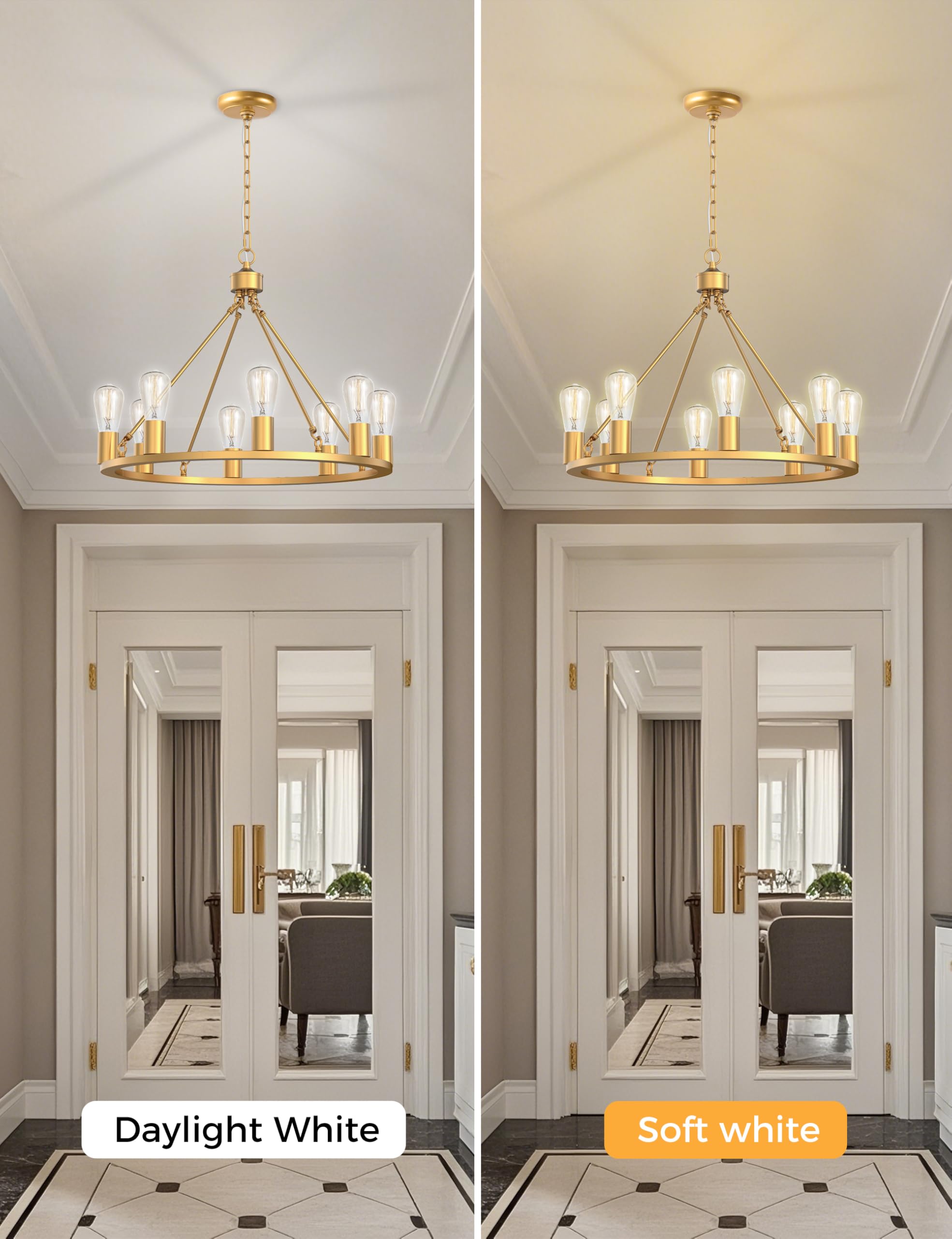 L LOHAS LED Gold Farmhouse Chandelier, 8-Light, 24" Adjustable Metal Fixture for Dining Room and Kitchen Island