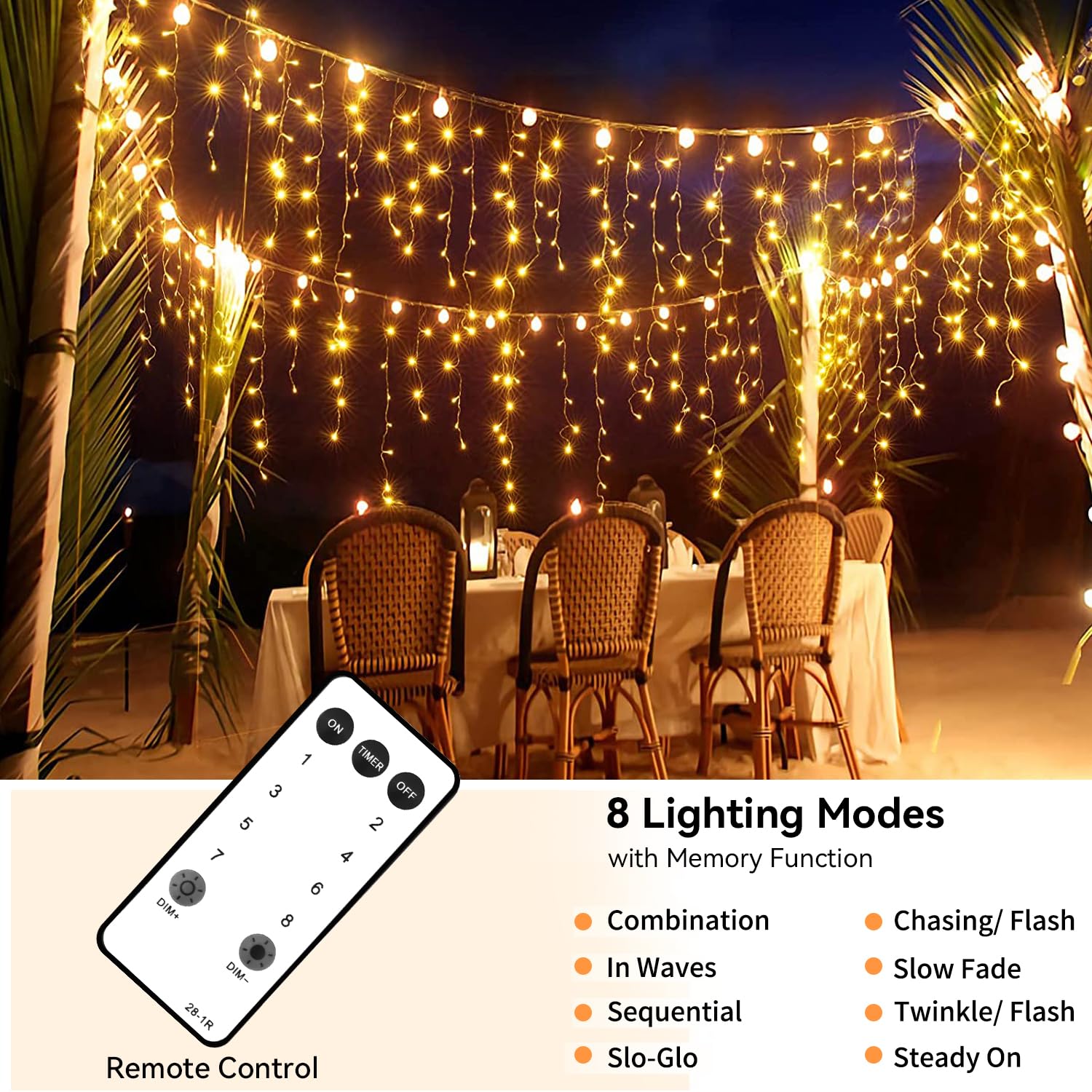 Blingstar 440 LED Icicle Lights - Warm White Outdoor String Lights, 49.2 Ft, Extendable, 8 Modes for Holiday Decor