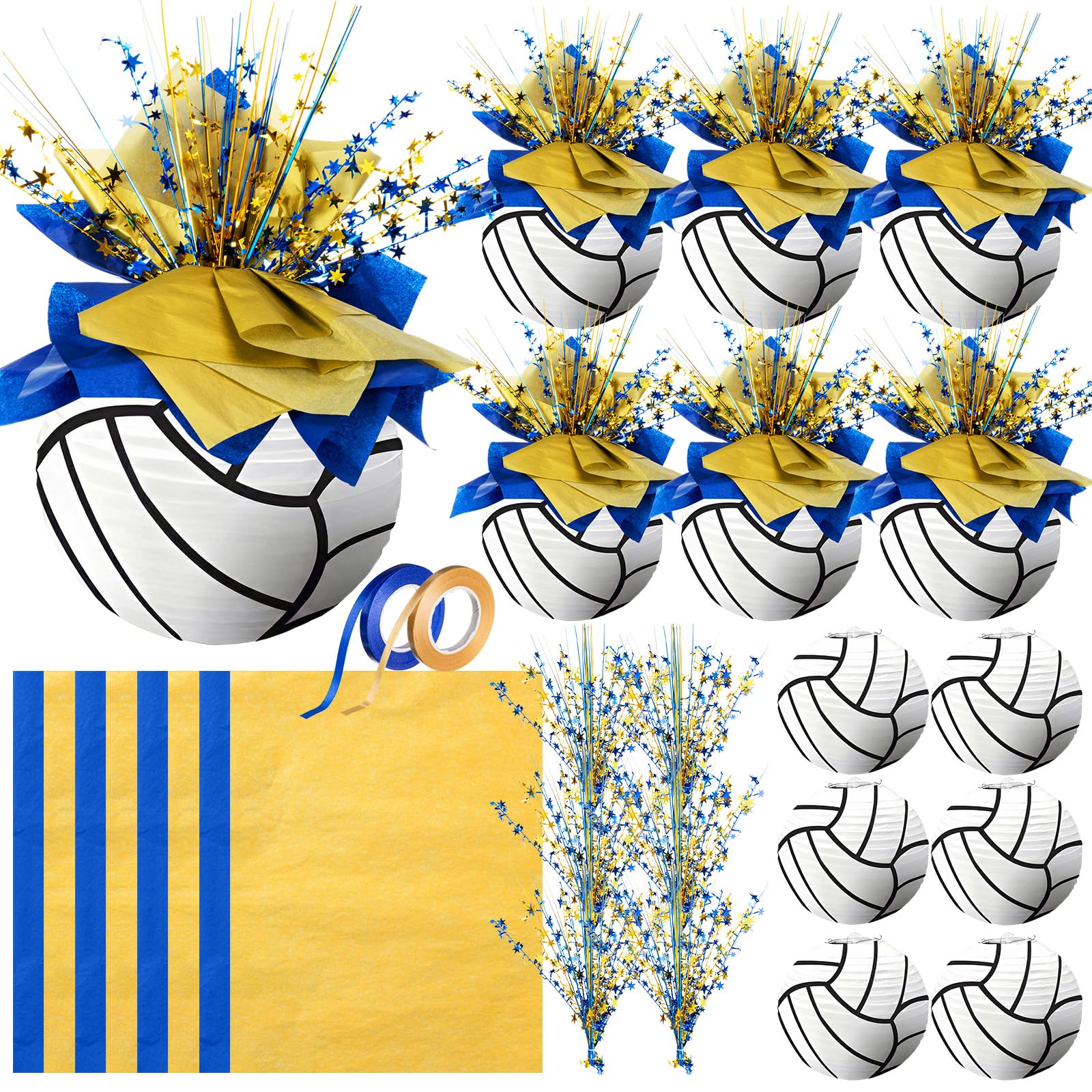 Glooglitter Volleyball Paper Lantern Centerpiece Set Volleyball Table Decor with Metallic Foil Star Spray Branches Wrapping Pape