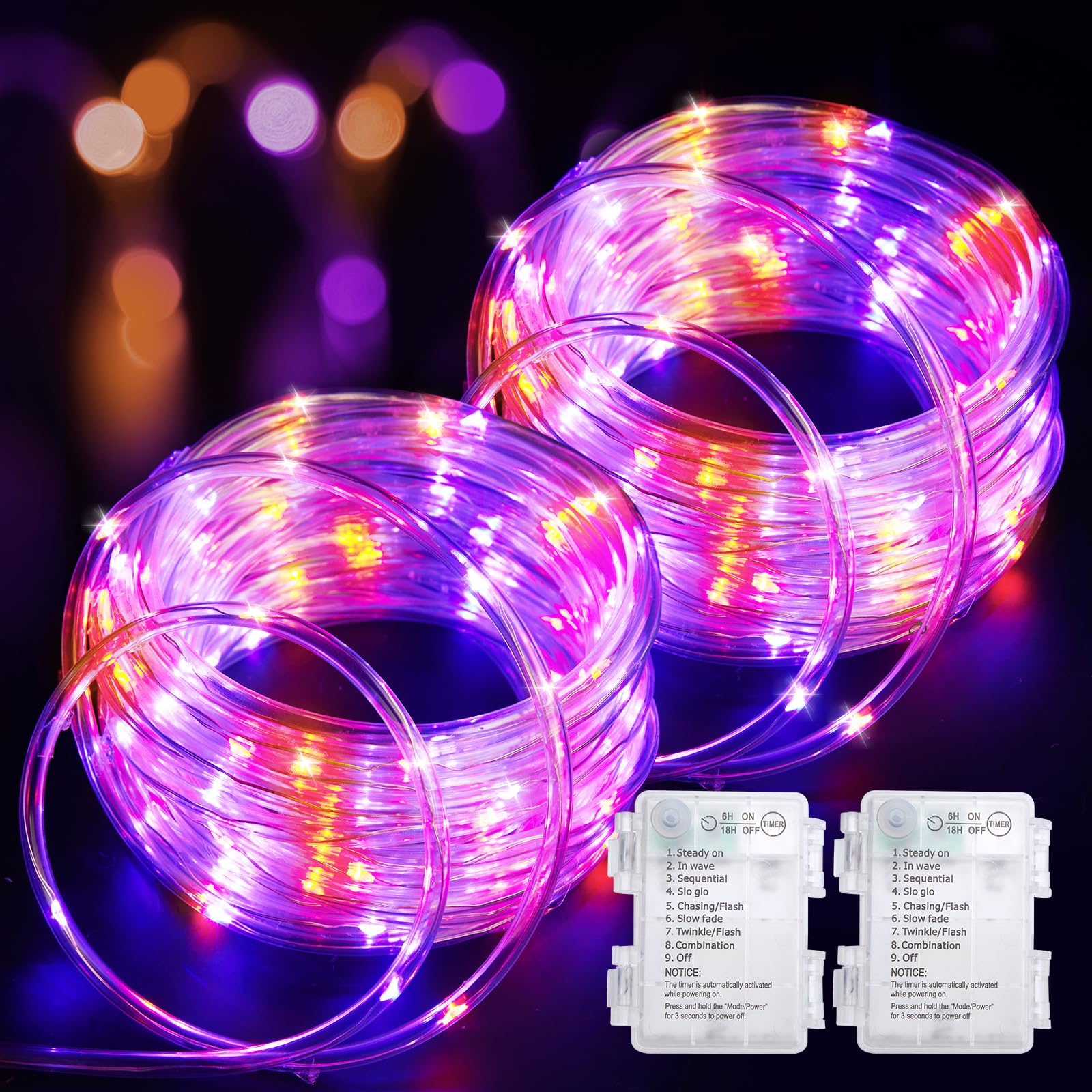 Minetom 2 Pack Halloween Lights Battery Operated, Total 80FT 200 LED Rope Lights Outdoor, Halloween String Lights with Timer, 8 Mode, Battery Rope Lights for Outside Bedroom Indoor, Orange and Purple