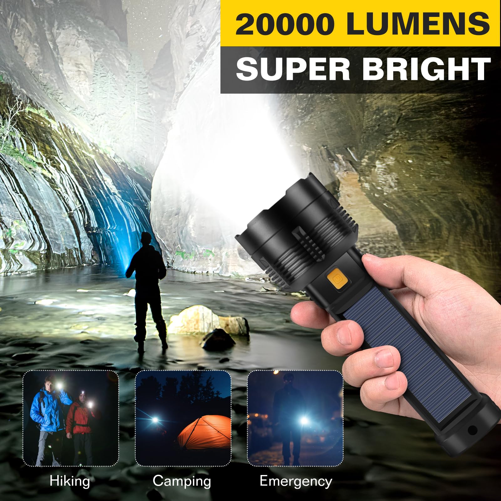 B013 2 Pack LED Flashlight - 20000 Lumens, Compact, Waterproof, Rechargeable, Black, Model 002 for Home, Camping, Hiking, Emergencies