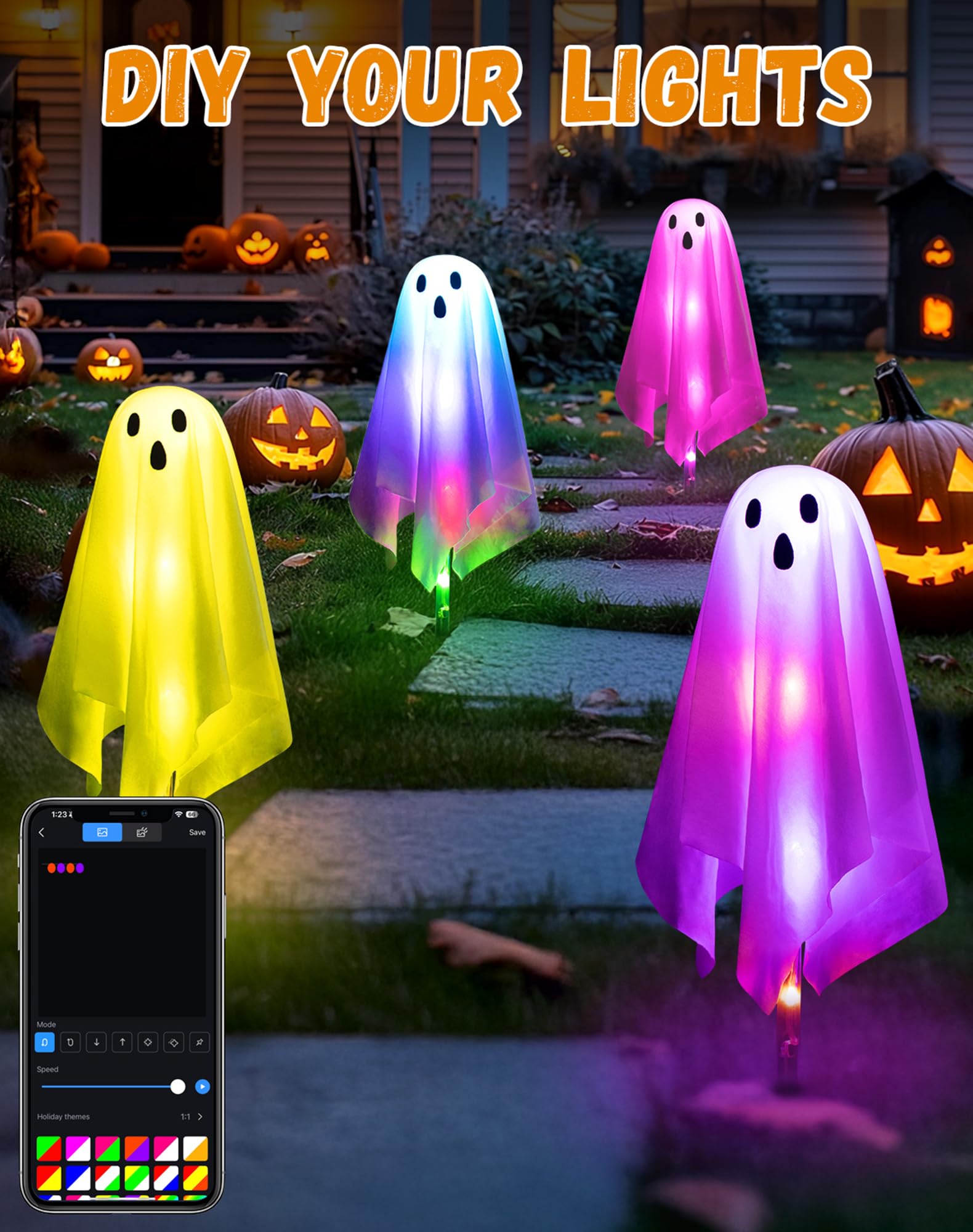 FREECUBE Halloween Ghost Pathway Lights, 4 Pack, Multi-colored, APP Control & Remote, Dimming, Music Sync, Plastic, Model BESL78