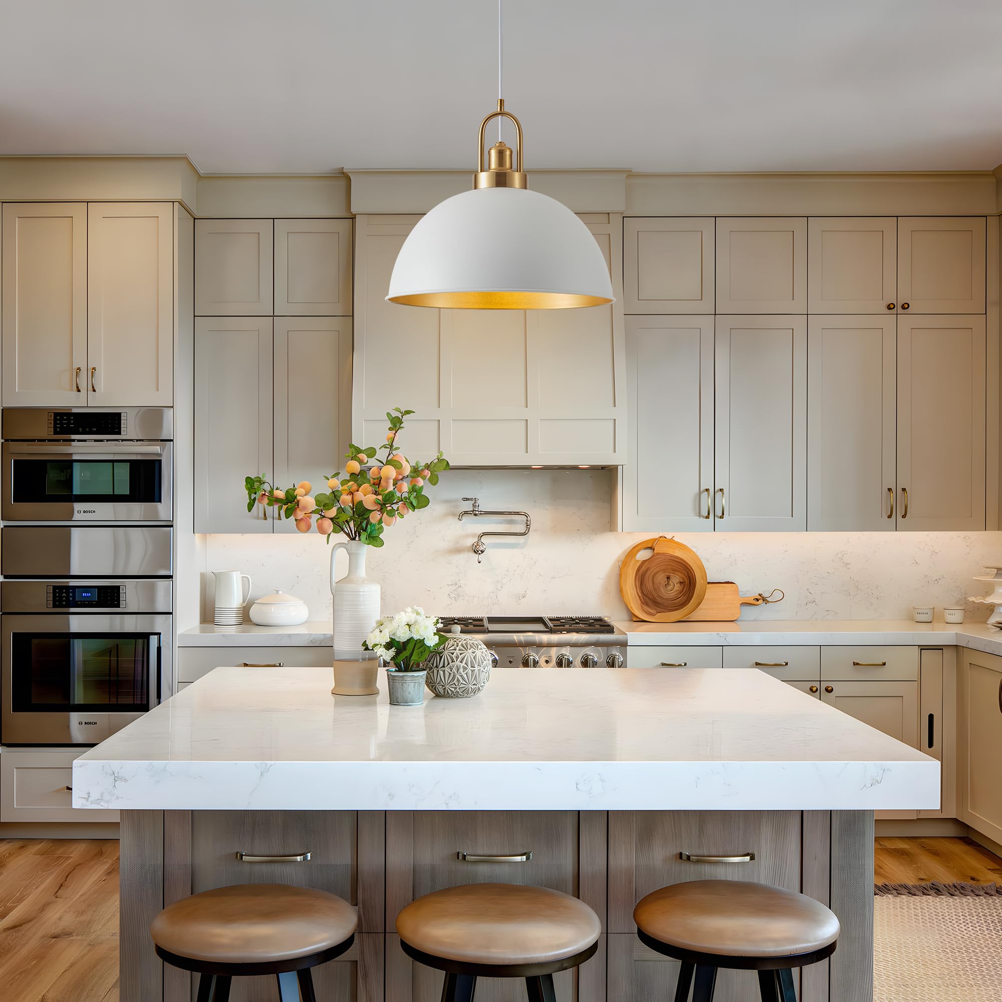 Febeleven 15.74'' Industrial White Large Pendant Light Matte Finish Metal Light Fixture Farmhouse Hanging Light For Kitchen Isla